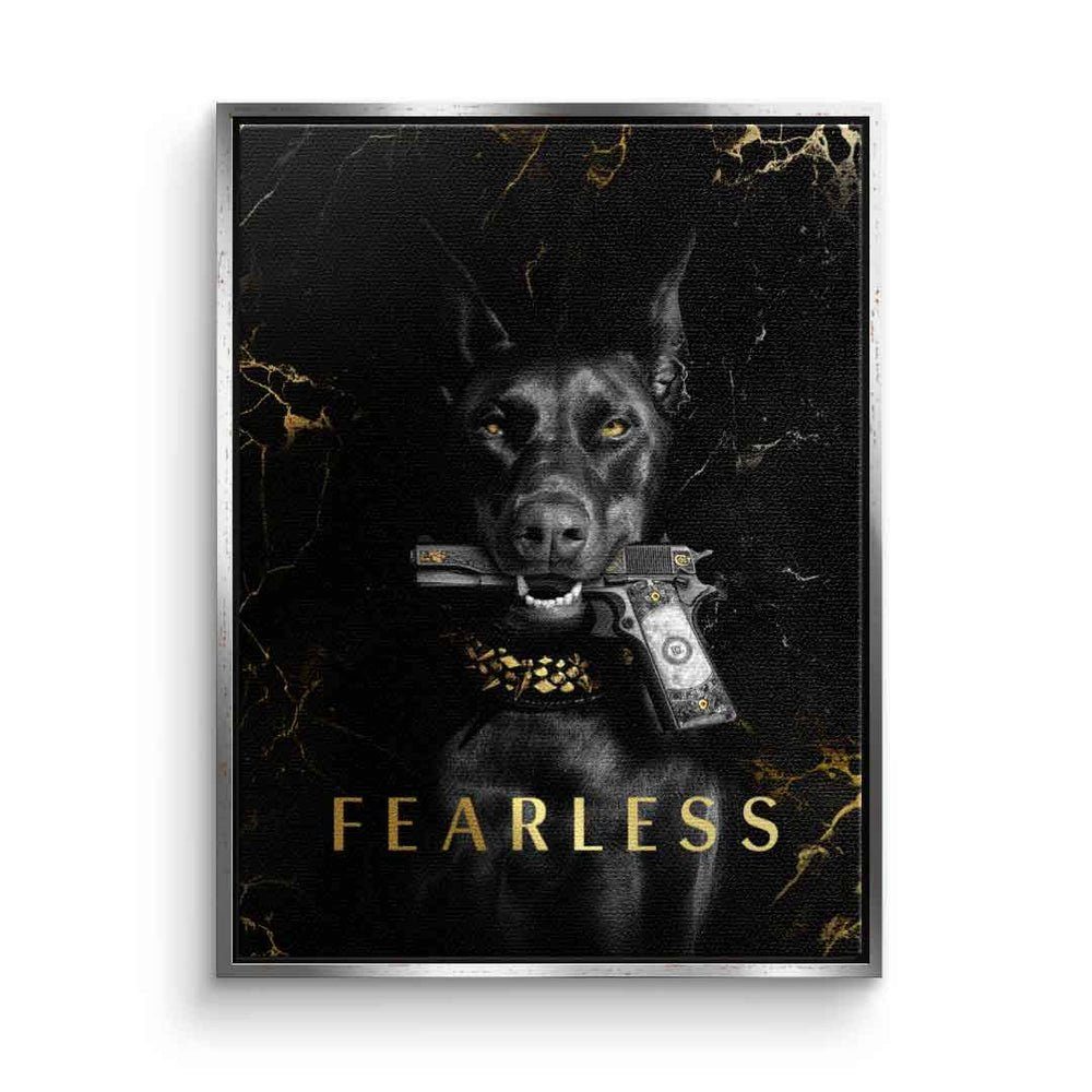 DOTCOMCANVAS® Leinwandbild, Leinwandbild Luxury Dog Animal fearless Hund schwarz gold elegant mit silberner Rahmen