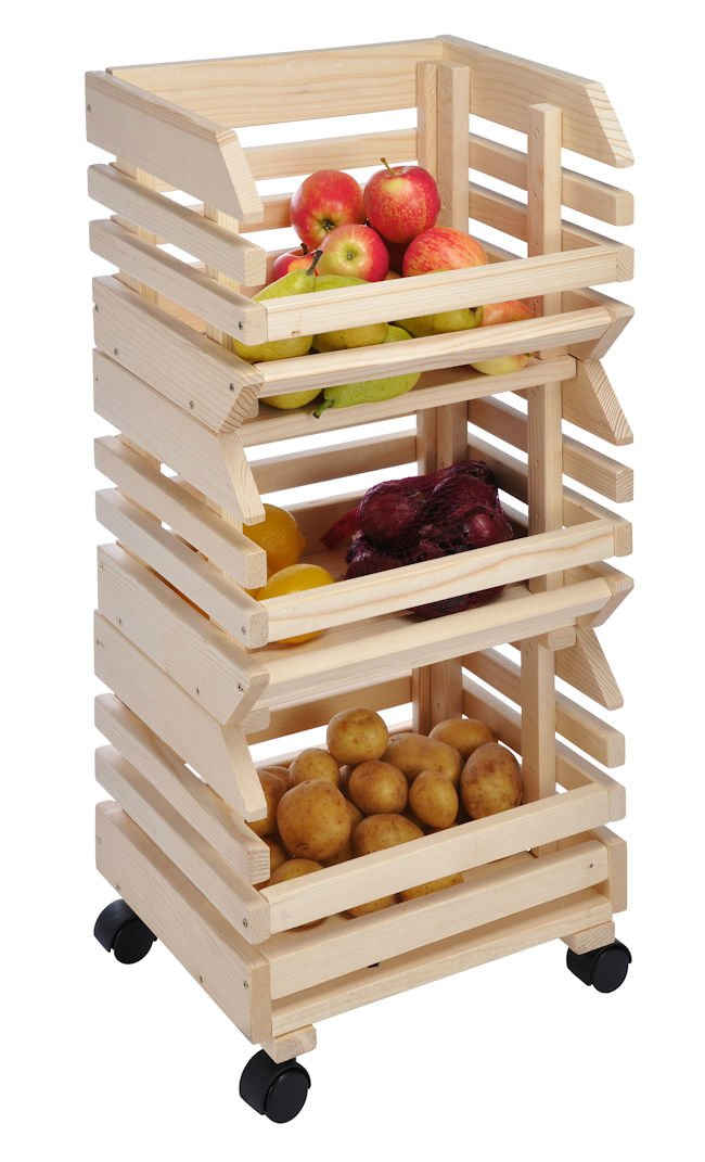 Spetebo Kartoffelkiste Holz Obsthorde mit Rollen - 80 x 37 cm (Stück, 1 St., Obstkiste), rollbares Obstregal mit 3 Fächern