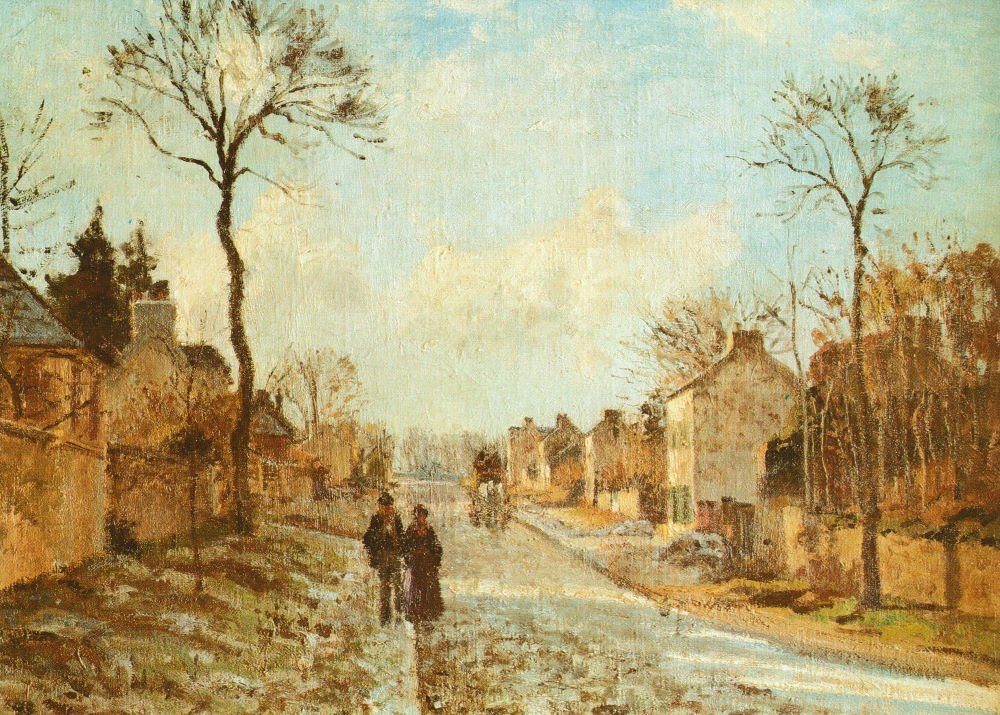 Postkarte Kunstkarte Camille Pissarro "Winterliche Straße in Louvecienne"