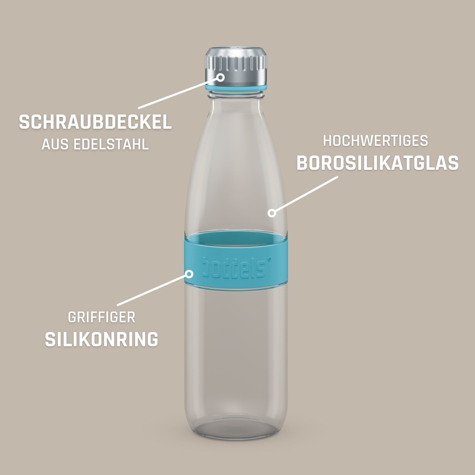 boddels Trinkflasche Flasche Glas aus Türkisblau 650ml, DREE bruchfest auslaufsicher, doppelwandig
