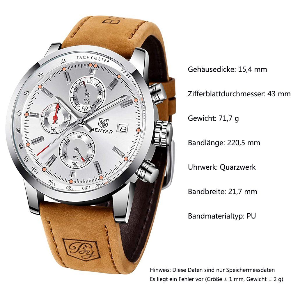 Chronograf Uhr Quarz Lederband ‎‎weiß+Silber+braun Herrenuhr GelldG Wasserdicht Quarzuhr Armbanduhr