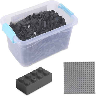 Katara Konstruktionsspielsteine Bausteine Box-Set mit 520 Steinen + Platte + Box, (3er Set), Dunkel-Grau
