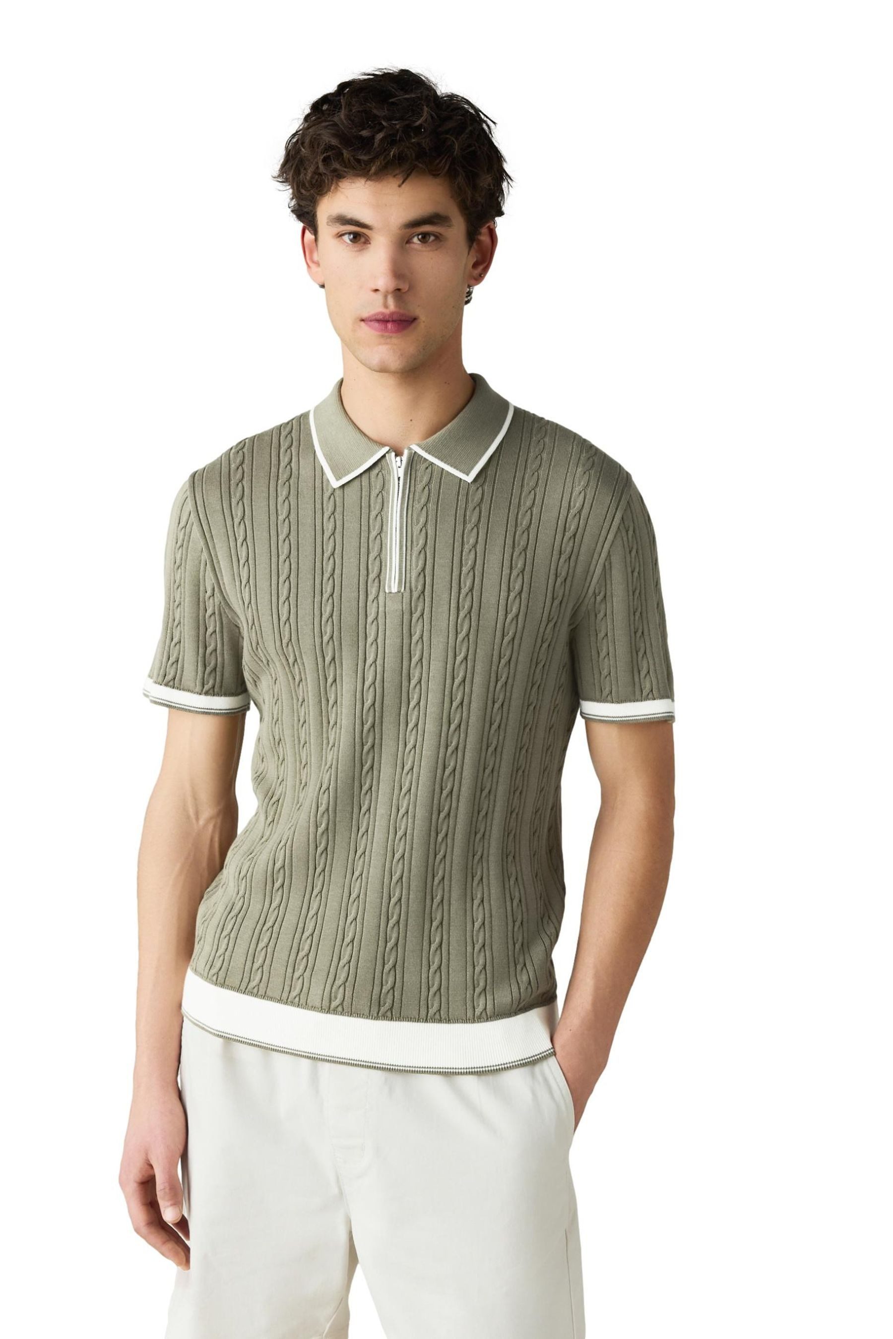 Next Poloshirt Slim Fit Poloshirt mit Zopfmuster und RV-Kragen (1-tlg)