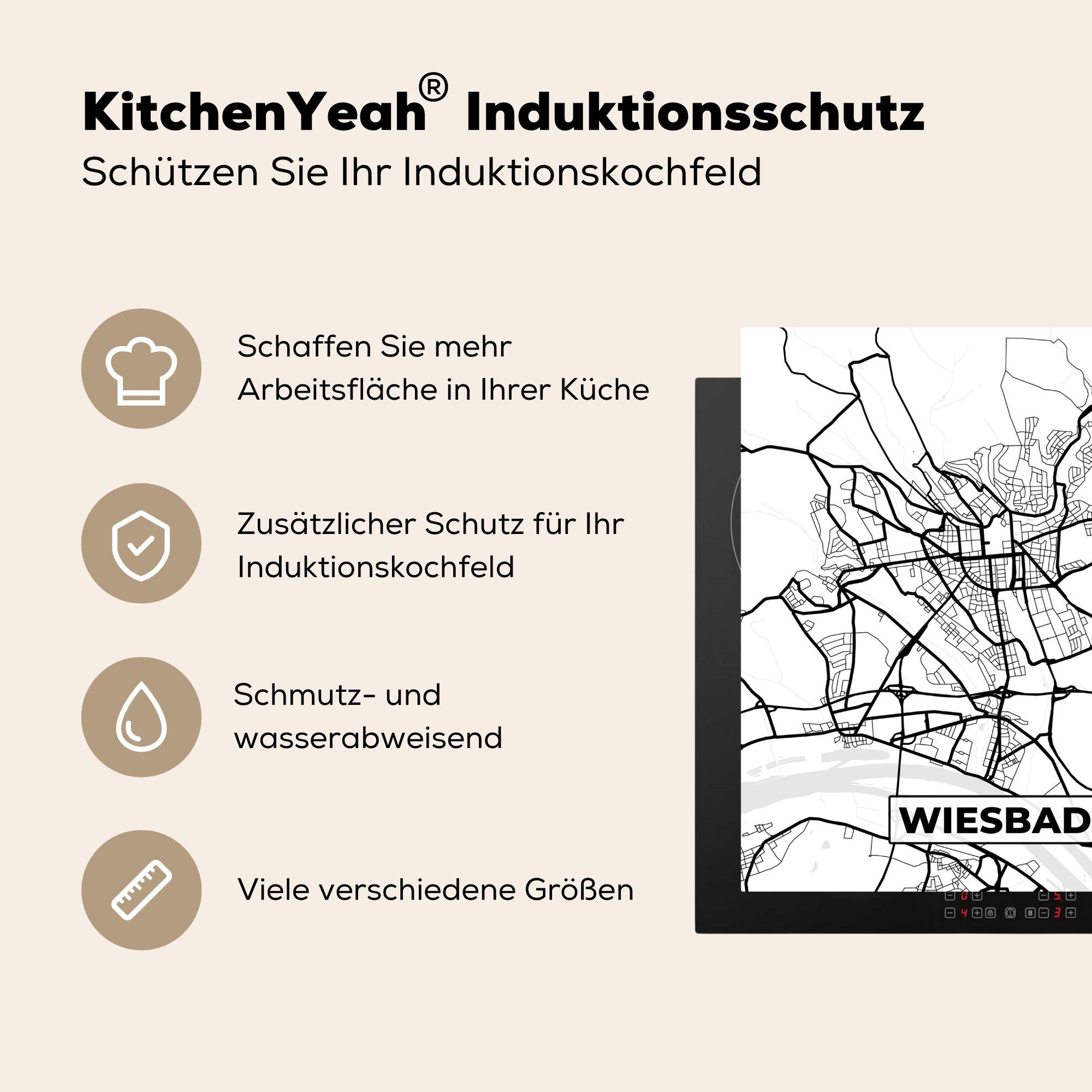 Wiesbaden - für Karte Arbeitsplatte MuchoWow küche 78x78 (1 cm, tlg), Vinyl, - Ceranfeldabdeckung, Stadtplan, Herdblende-/Abdeckplatte
