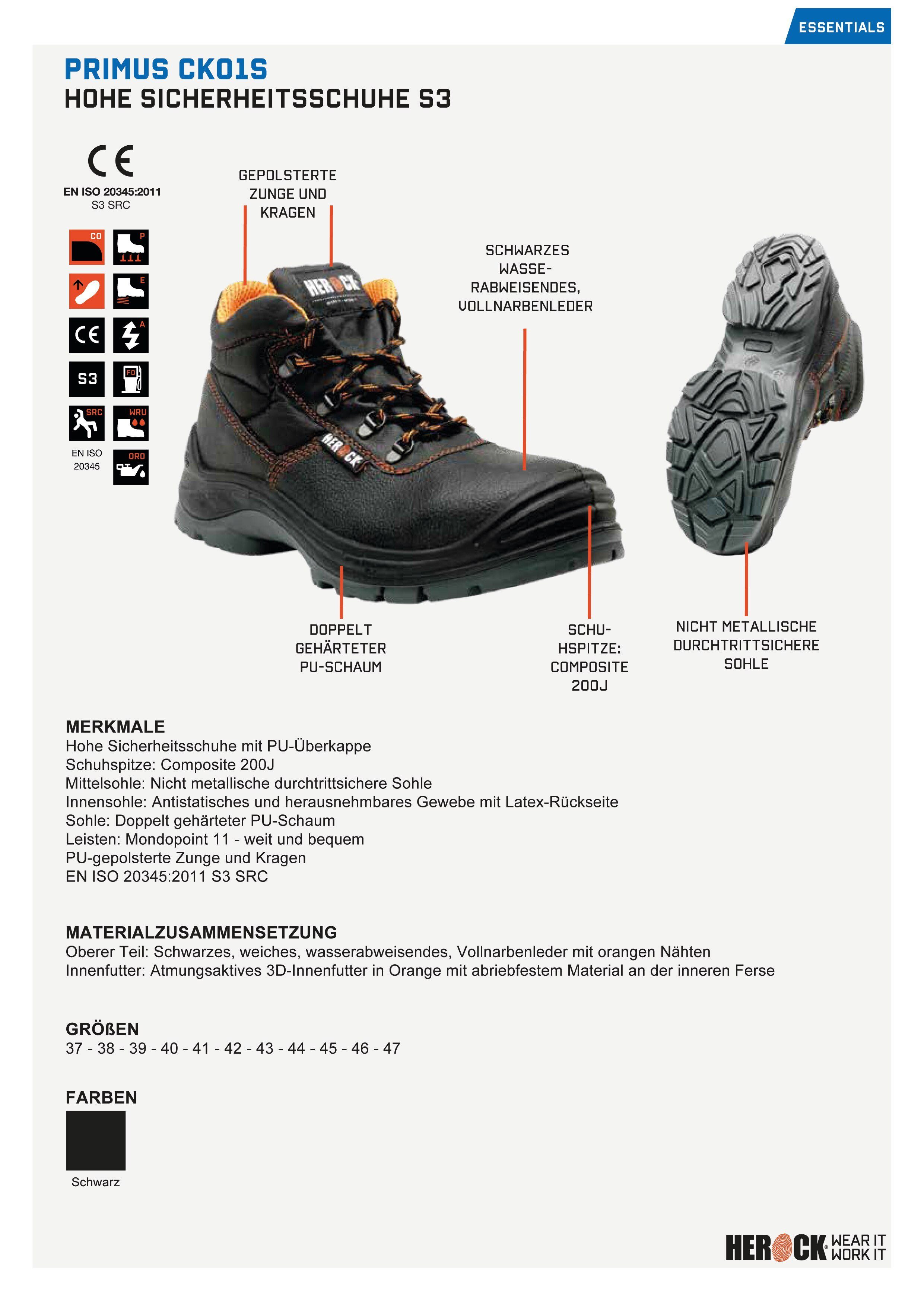 S3 Herock leicht, durchtrittsicher Schuhe Compo High und Klasse PU-Überkappe, Primus bequem, S3, Sicherheitsschuh weit