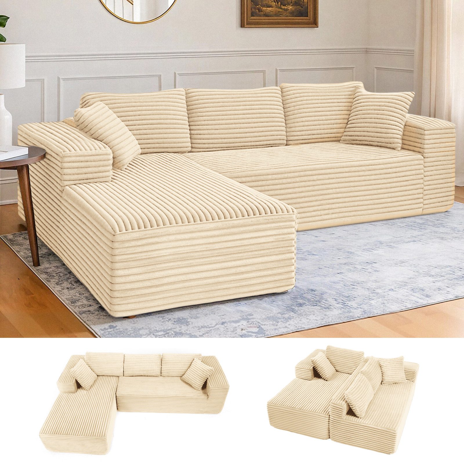 COMHOMA Sofa Big-Sofa, L-förmige Sofa, Couch Ecksofa, Chaiselongue Schlafsofa, mit tiefer Sitzfläche und breiten Armlehnen, Cordstoff