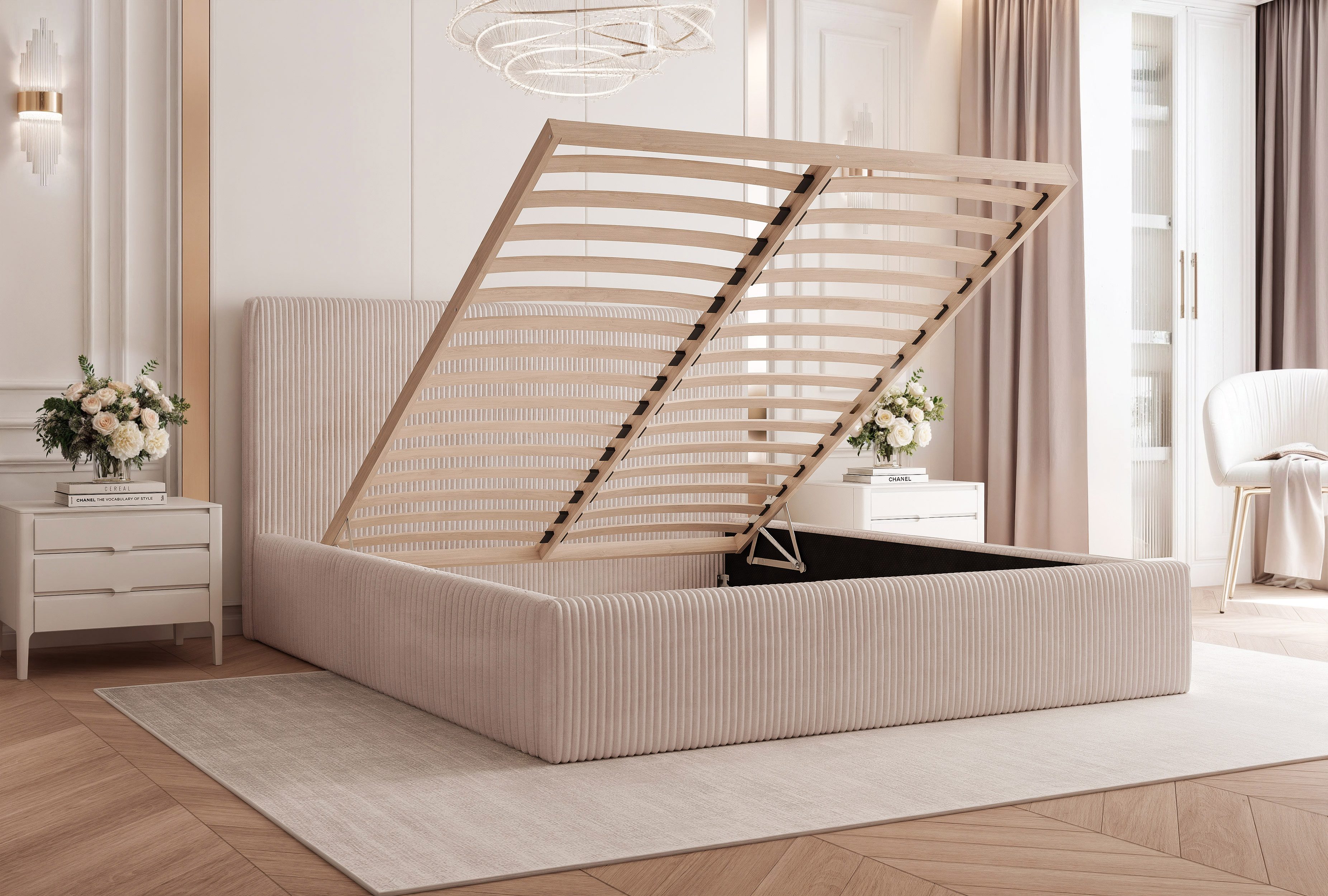 Goldstoff Polsterbett Modernes Bett "LUMINA" mit großem Stauraum und gepolstertem Rahmen (120–200x200 cm, Kopfteilhöhe 70/110 cm), Elegantes Stauraumbett mit ge – Bild 4 von 5