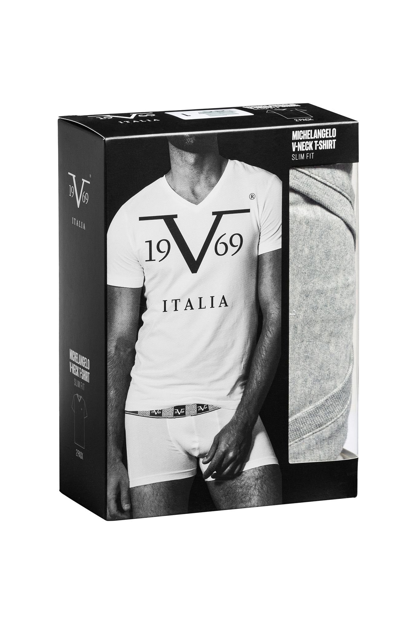 19V69 Italia by Logo kleinem auf Versace mit Herren Ton-in-Ton einem Kurzarm T-Shirt Unterziehshirt Unterhemd mit Brust grau V-Ausschnitt für der