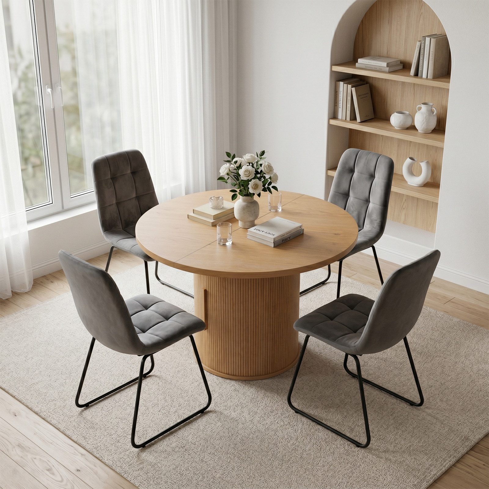 Jiexi Essgruppe Essgruppe rund Ø110cm MDF Eiche mit Stauraum & Flanell Stühlen