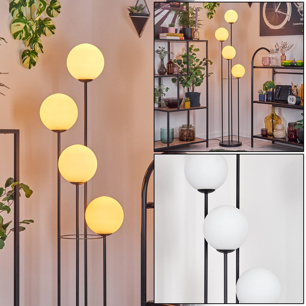 hofstein Stehlampe Stehlampe aus Metall/Glas in Schwarz/Milchglas/Weiß, ohne Leuchtmittel, Stehleuchte im Retro-Design m. Glasschirmen (15cm), Fußschalter, E14