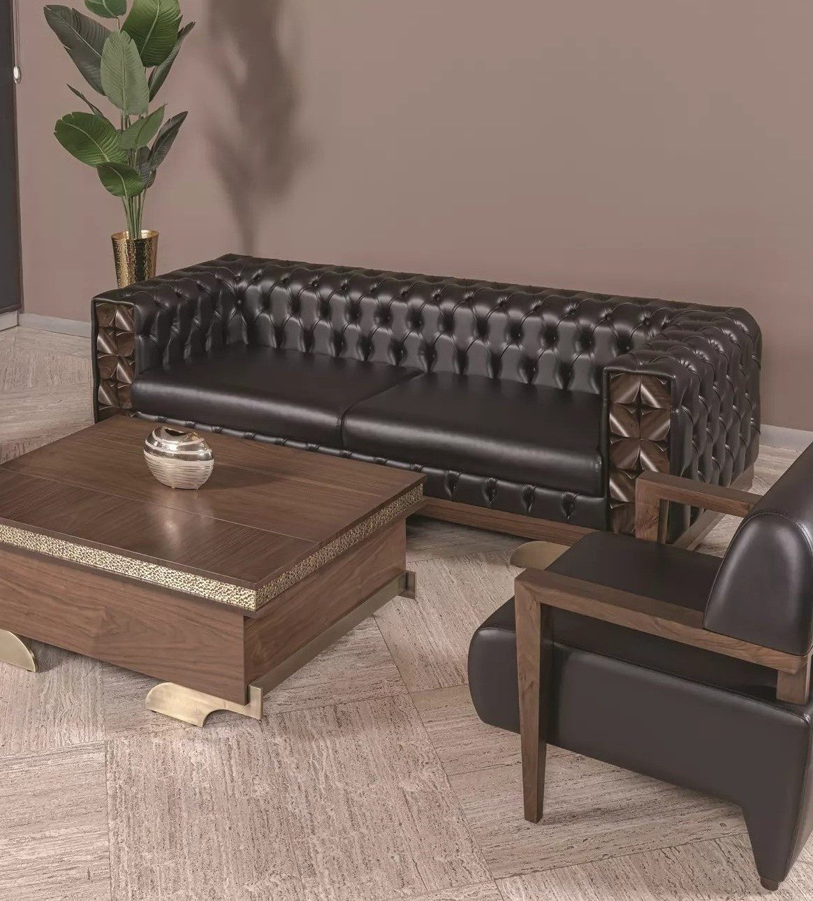 Xlmoebel Chesterfield-Sofa Schwarzes 3-Sitzer-Sofa im Neo-Chesterfield-Stil mit Holzrahmen, Sofa 1 Teile, Made in Europa