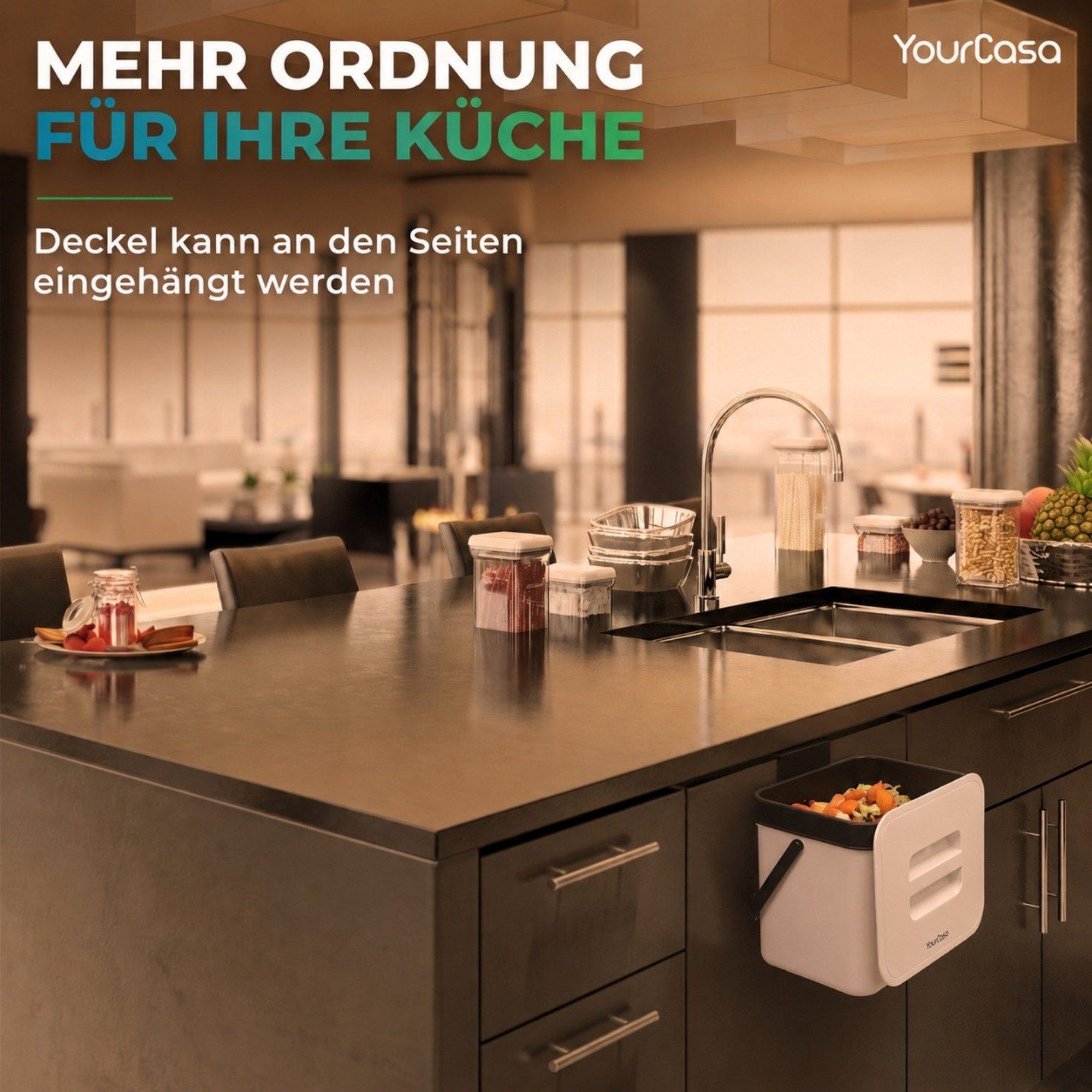 YourCasa Biomülleimer Küche 7L mit Halterung, Sieb und Deckel, 7 Liter, Mit Halterung – Bild 3 von 5
