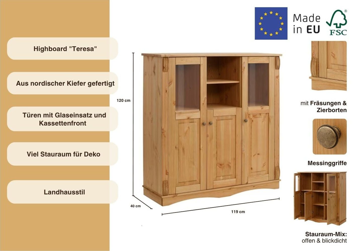 OTTO home Highboard Teresa (Maße (B/T/H): 119/40/120 cm), Vitrine, Türen mit Glaseinsätzen, aus massiver Kiefer, FSC®