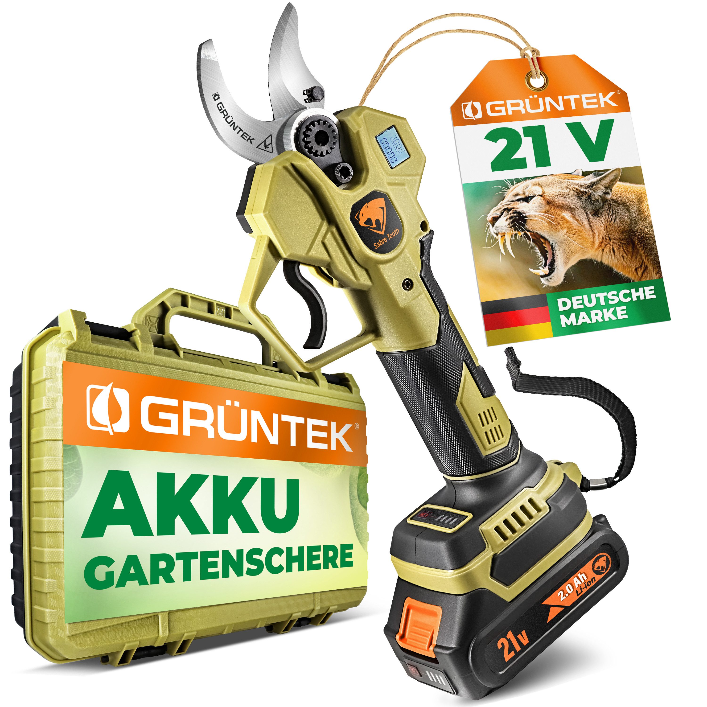 GRÜNTEK Astschere Premium Akku Astschere 21V 2Ah Brushless, Makita-Kompatibel, Ladezeit 60 Min, Gewicht 950g, Schnittgeschwindigkeit 0.8 Sek.