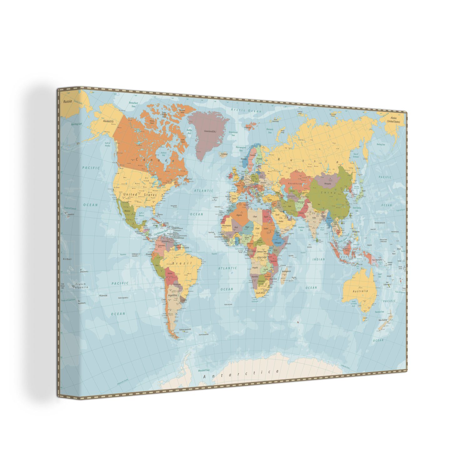 OneMillionCanvasses® Leinwandbild Weltkarte - Farben - Atlas, (1 St), Wandbild für alle Wohnbereiche, Gemälde, XXL, großes, 120x80 cm