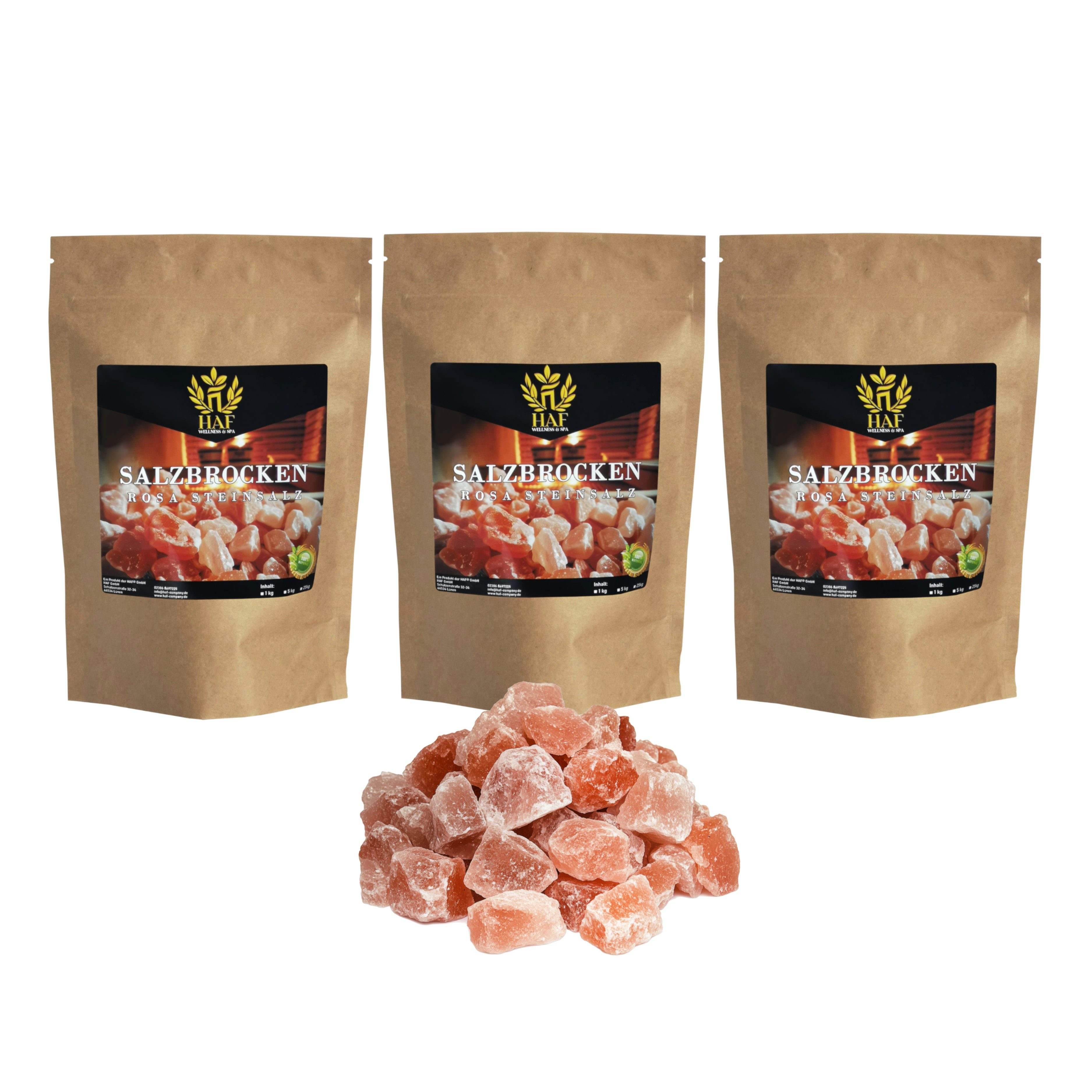 HAF Salzkristalle Rosa Salzbrocken 1-25 kg Steinsalz Brocken grobes Salz 2-5cm Dekosalz, (Naturbelassen aus der Salt Range in Pakistan, 3 St., 3 x 1 kg im Beutel), Grobe Steinsalz Brocken ohne Zusätze