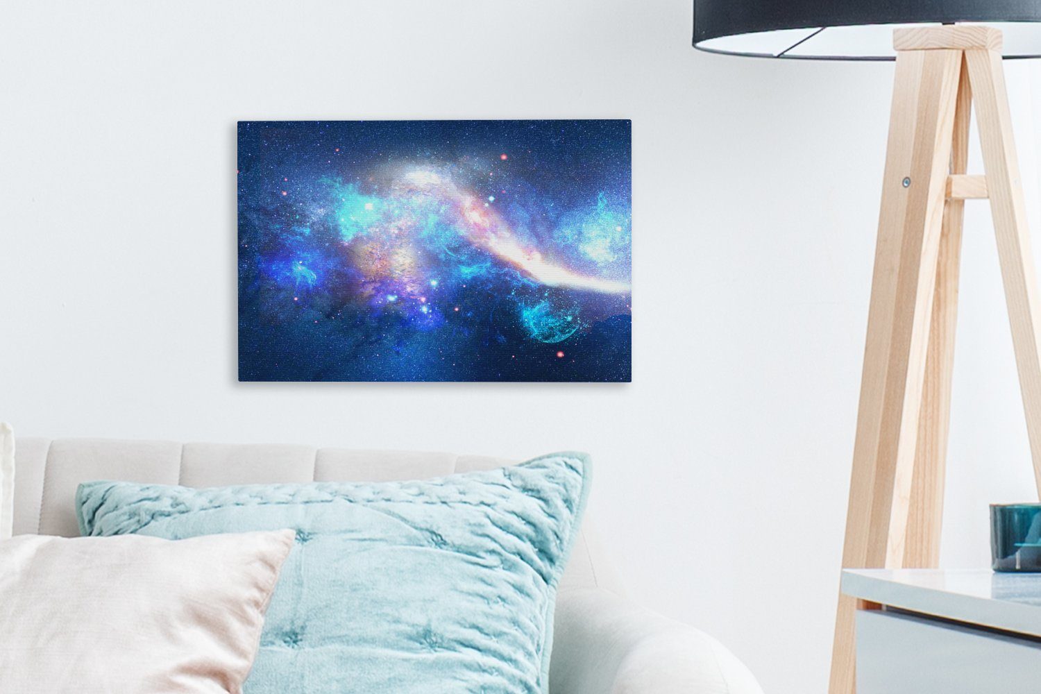 OneMillionCanvasses® Wandbild Blau Wanddeko, - Aufhängefertig, Sterne, 30x20 - Universum cm Leinwandbild Leinwandbilder, (1 St),