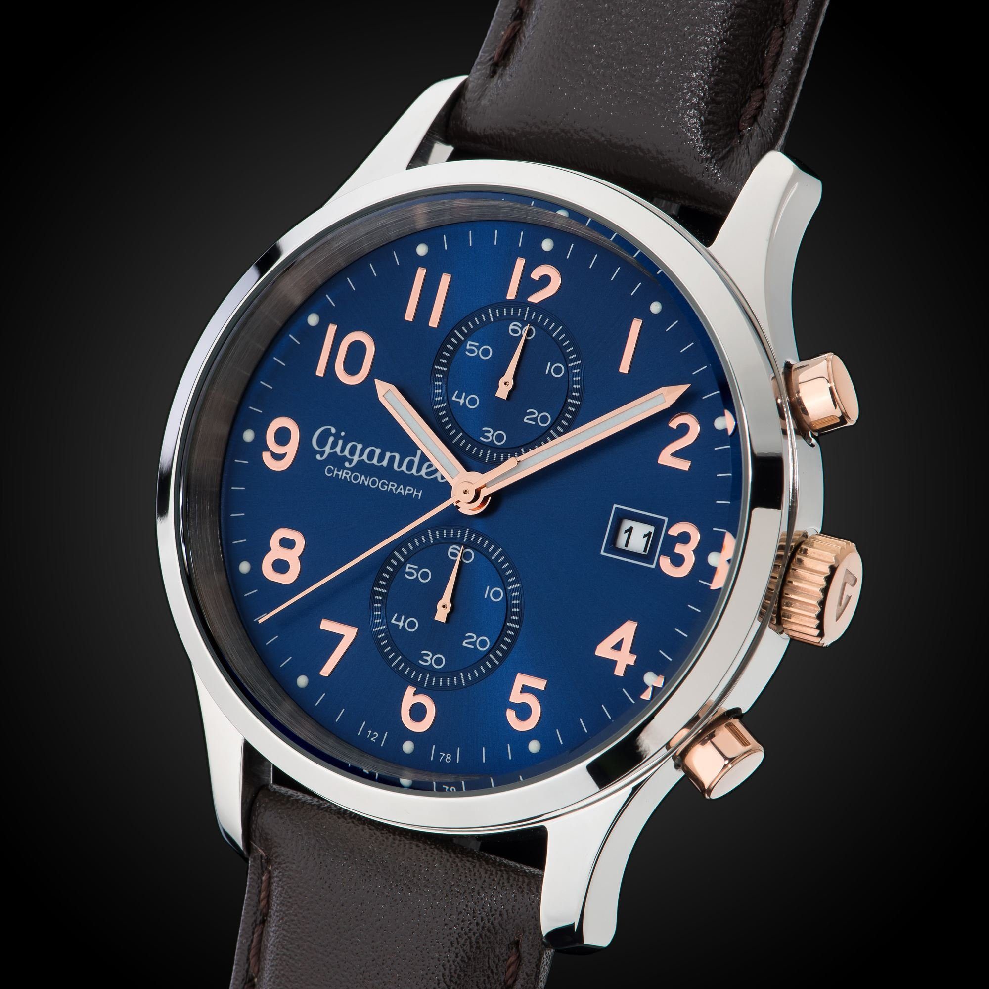 Gigandet Chronograph Armbanduhr, Herrenuhr, Sportuhr, 44mm, SKYSCRAPER G49-001, Mineralglas, Datumsanzeige, Lederband, 5bar/50m wasserdicht