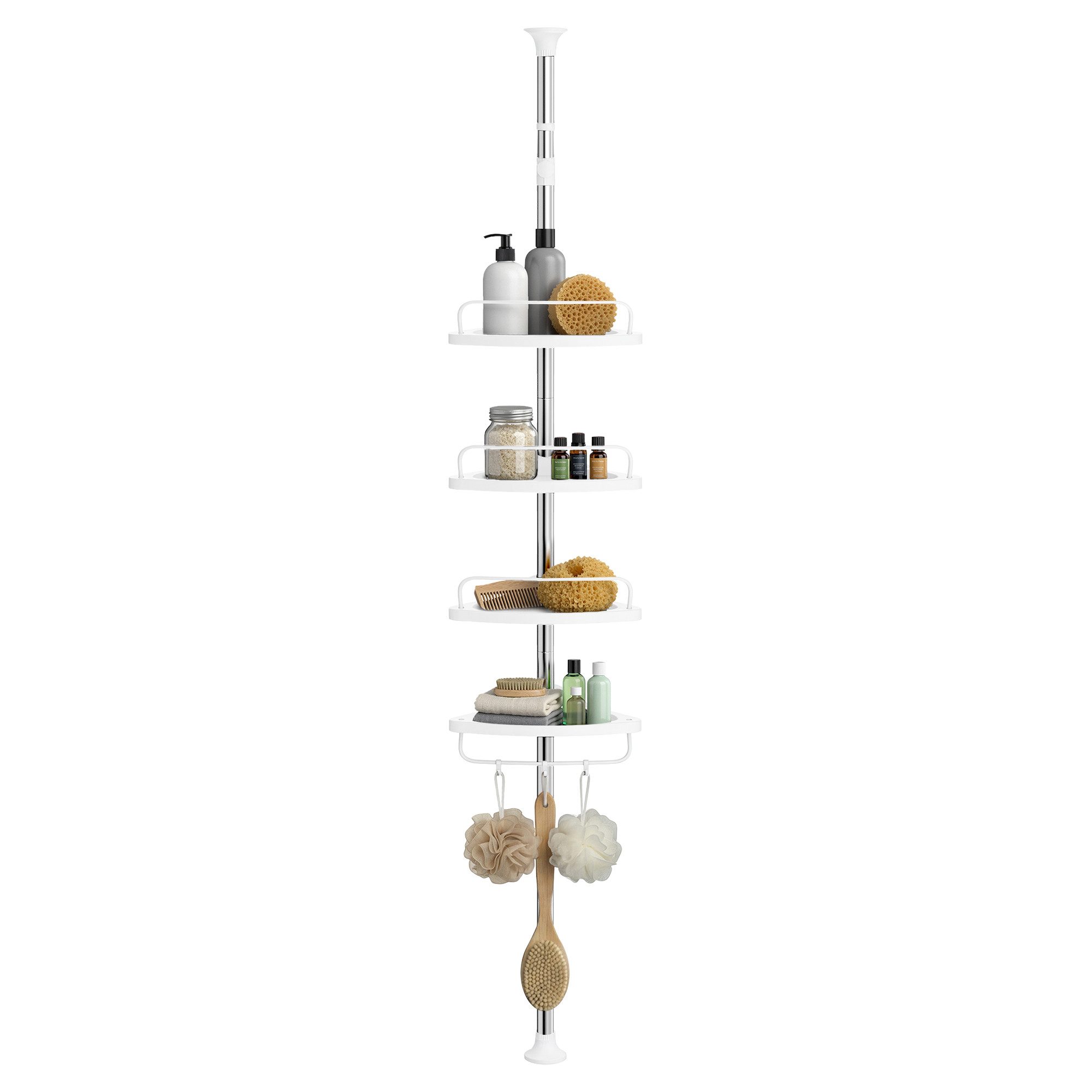 SONGMICS Duschablage Duschregal, höhenverstellbar, 95-300 cm, 4 Ablagen, 3 Haken, Eckregal