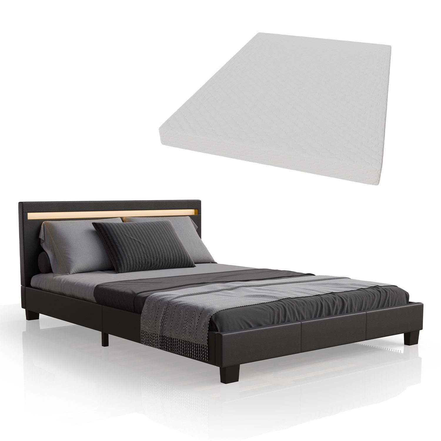 Juskys Polsterbett Paris, 140x200 cm, RGB-LED, Kunstleder, weiches Kopfteil, inkl. Matratze