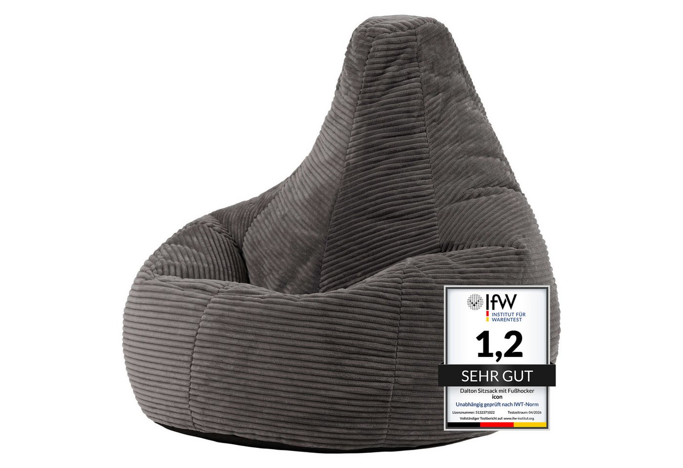 icon Sitzsack Sessel mit Rückenlehne aus Cord „Dalton“, Sitzsack XXL, Gaming Sitzsack, Made in Germany, Erwachsene & Kinder
