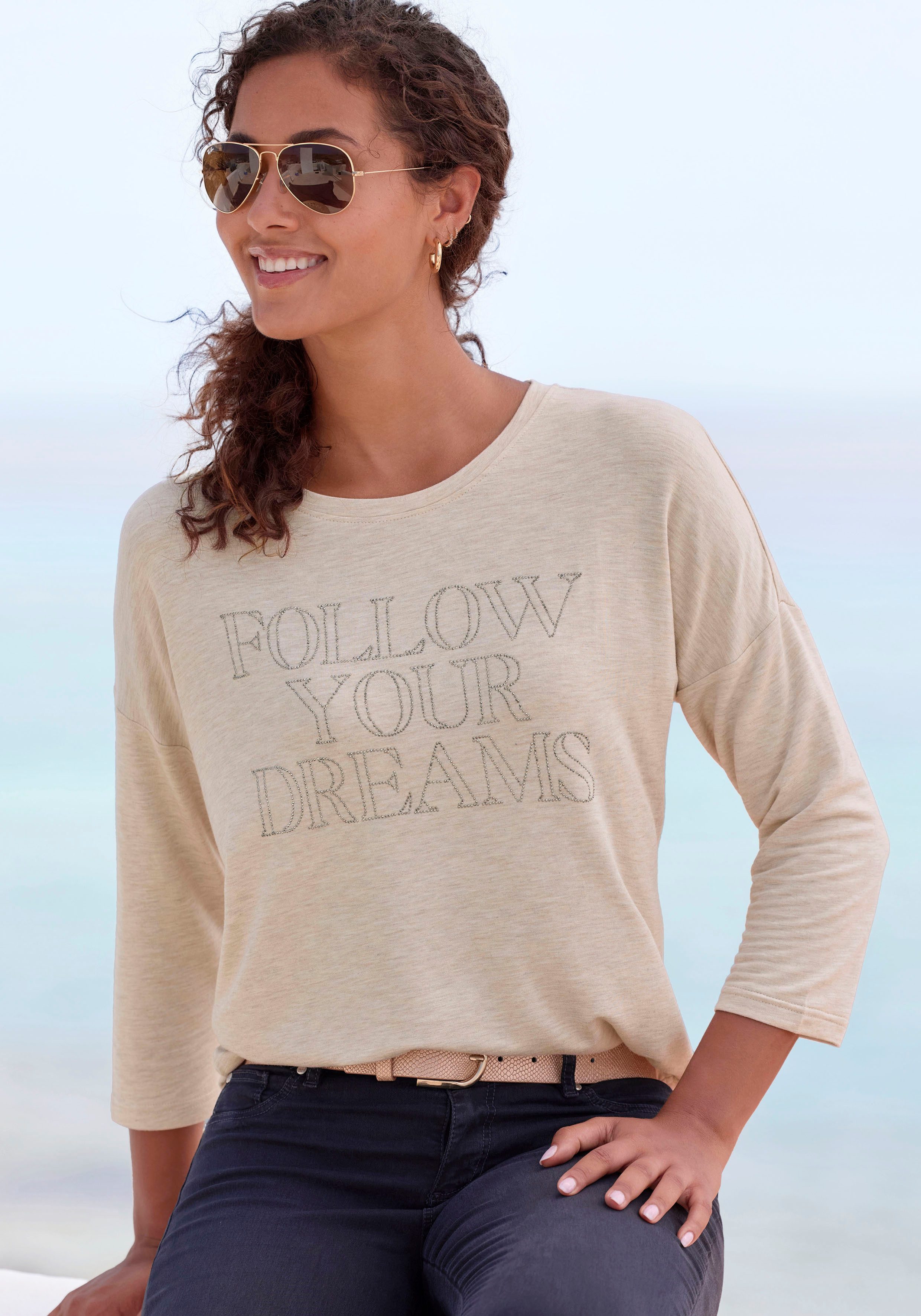 LASCANA 3/4-Arm-Shirt mit Schriftzug aus Strasssteinen aus hochwertiger Fre günstig online kaufen