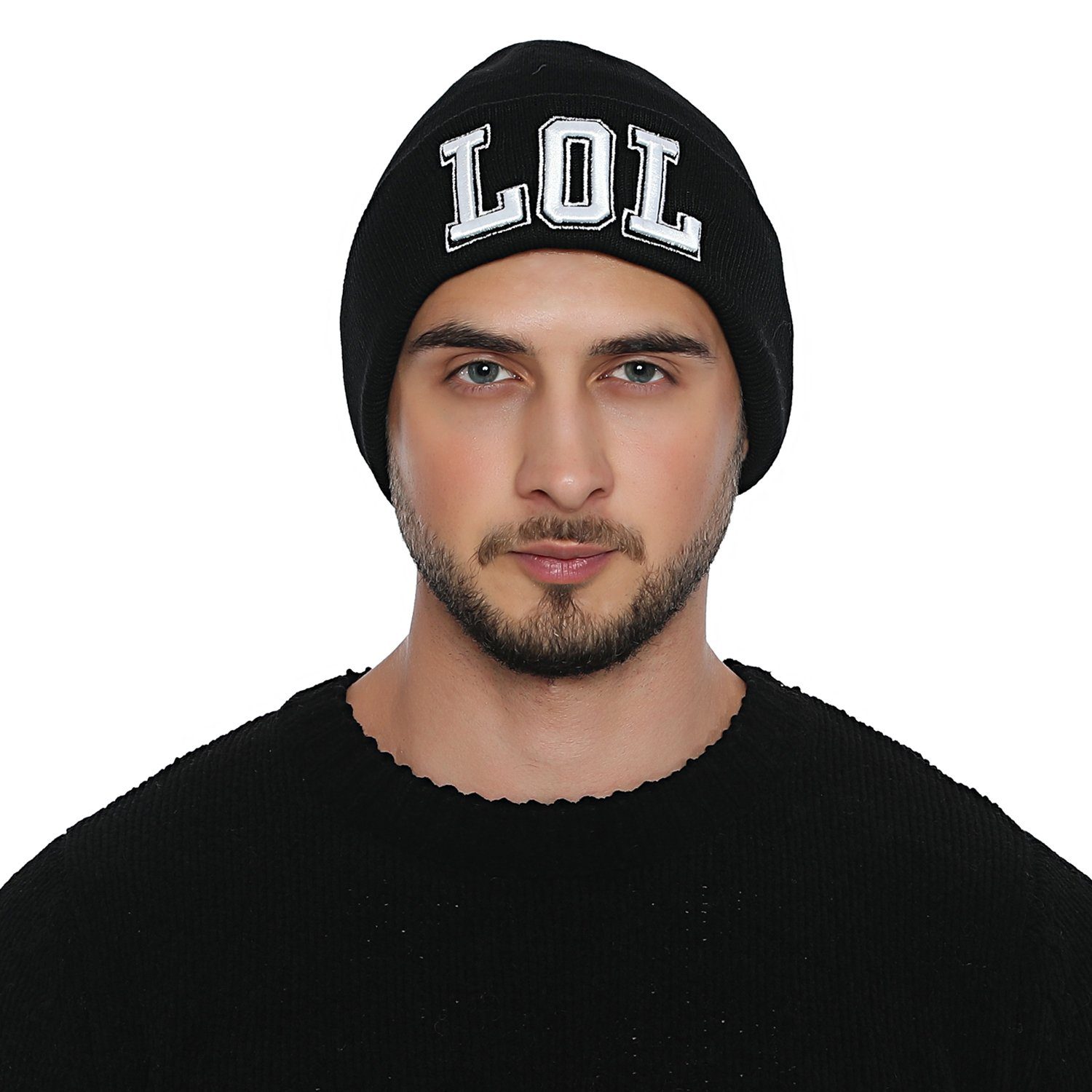 Herren mit - Winter mit Statement-Print, Beanie stylische schwarz DonDon 1-St) Beanie coolem Wintermütze, "LOL" Krempe (Packung, Strickmütze