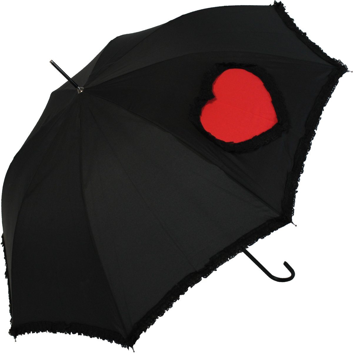 doppler® Langregenschirm mit Auf-Automatik und Rüschensaum Rüschen Heart, schwarzen von Schirmrand und umsäumt Herz 