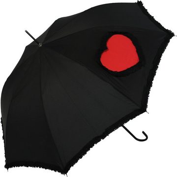 doppler® Langregenschirm mit Auf-Automatik und Rüschensaum - Heart, Herz und Schirmrand von schwarzen Rüschen umsäumt