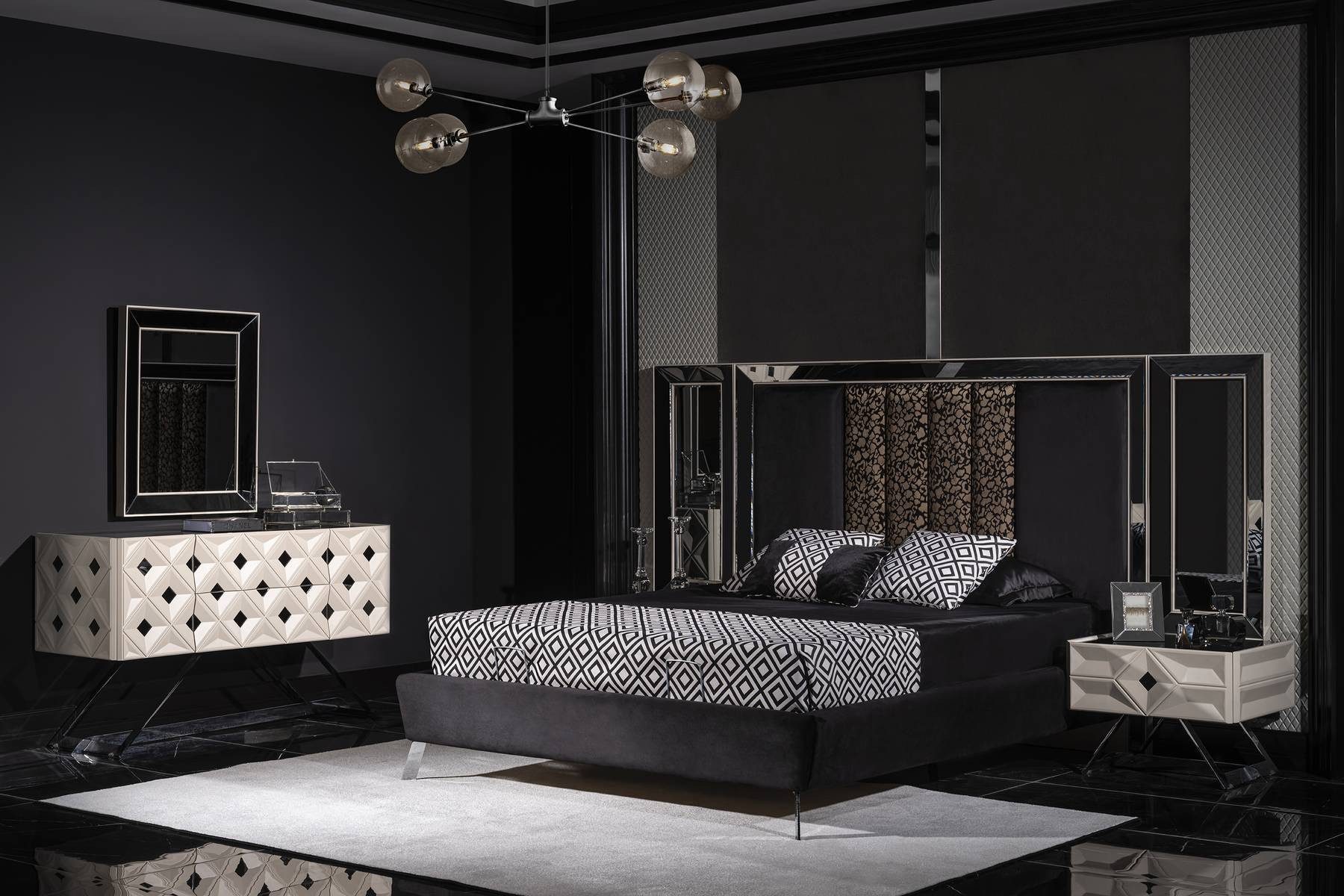 JVmoebel Schlafzimmer-Set Schwarzes Schlafzimmer Set: Bett, 2 Nachttische & Kommode mit Spiegel, (4-tlg., Bett, 2x Nachttische, Schminktisch, Spiegel), Made in Europe