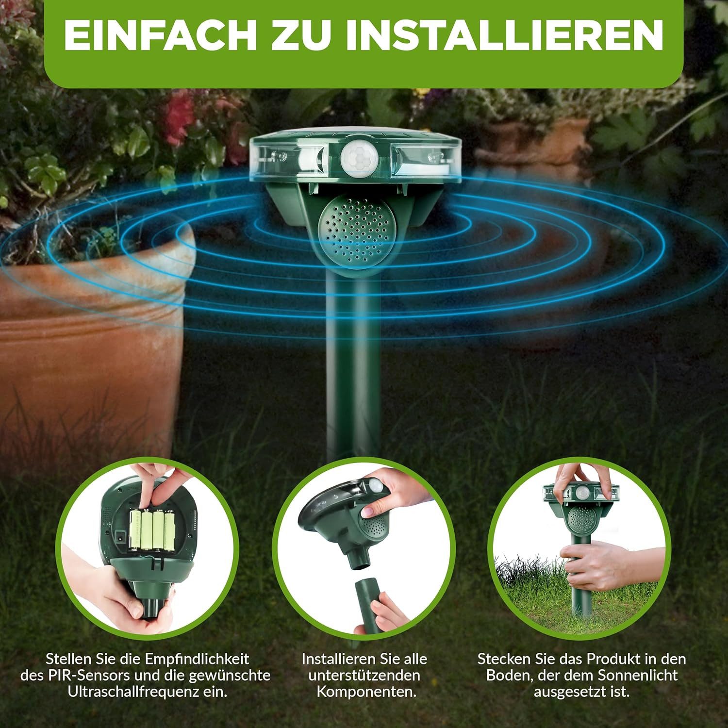 ISOTRONIC Ultraschall-Tierabwehr Ultraschall Solar Tiervertreiber Wildtiere und andere Kleintiere, 1-tlg.