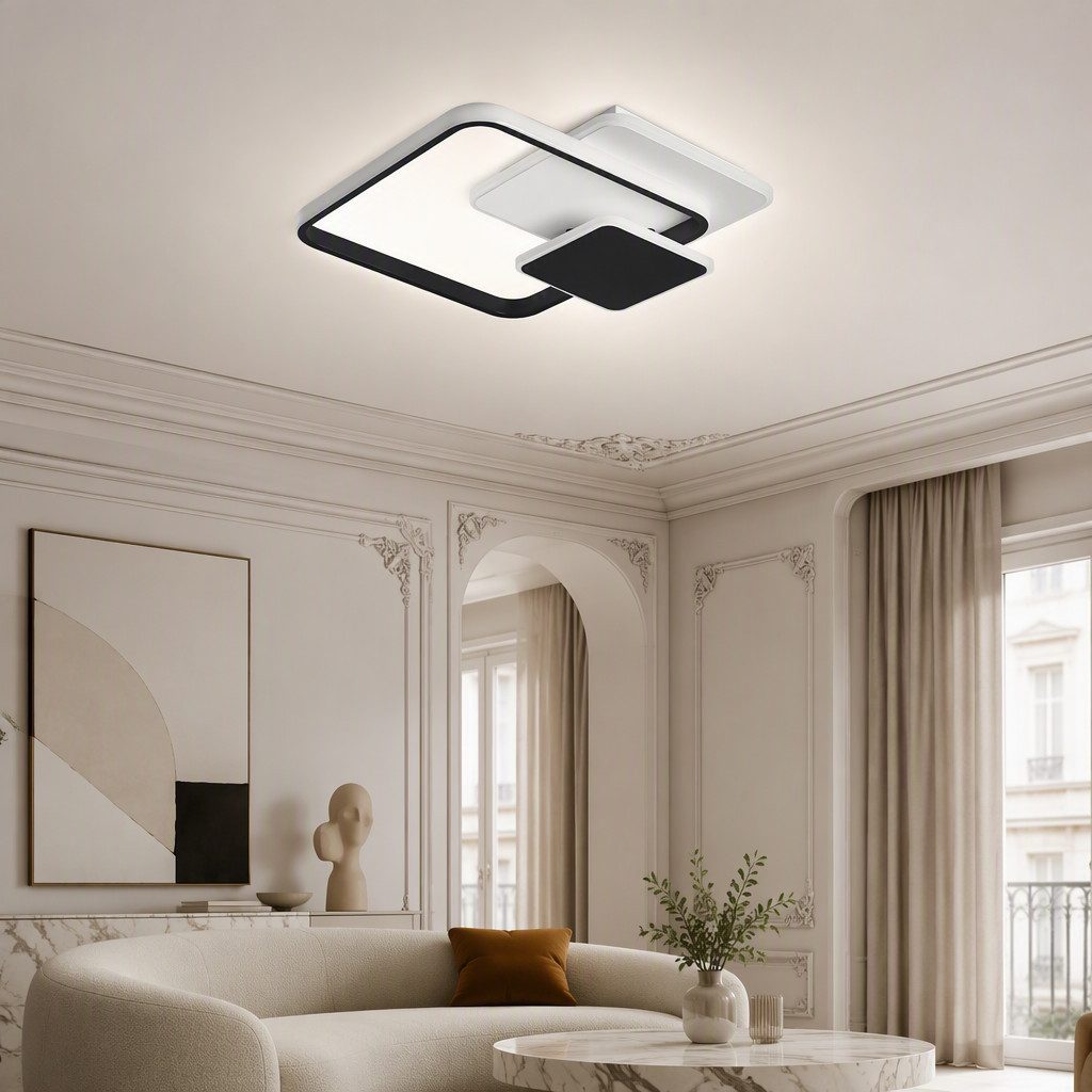 BlingBin LED Deckenleuchte dimmbar im 3Quadrat-Design, 35 W, Deckenlampe mit Bluetooth-App, 3Quadrat-Design, LED fest integriert, Warmweiß, Kaltweiß, Neutralweiß, 38,5 cm, weiß/Schwarz für Wohnzimmer, Schlafzimmer, Esszimmer