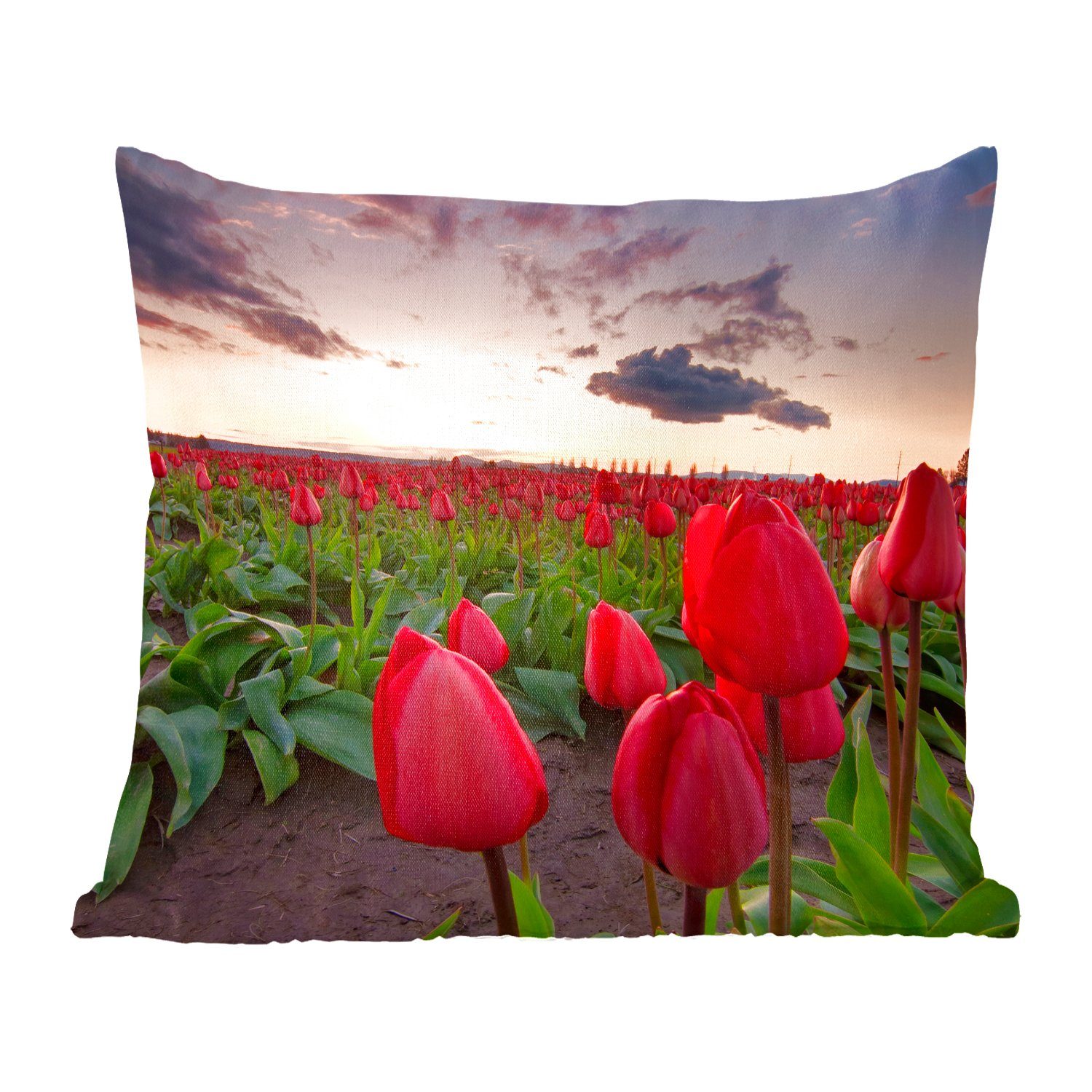 MuchoWow Dekokissen Rote Tulpen und ein Sonnenuntergang, Zierkissen mit Füllung für Wohzimmer, Schlafzimmer, Deko, Sofakissen