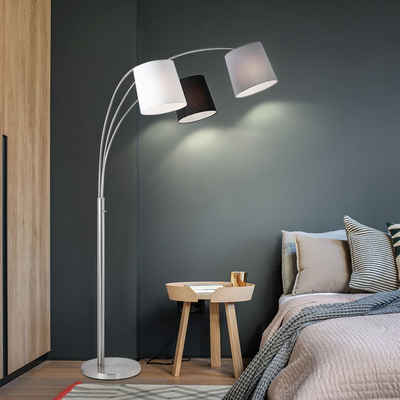 etc-shop LED Bogenlampe, Bogenlampe Wohnzimmer Stehlampe schwarz weiß grau Stehleuchte dreiflammig Stoffschirm, 3x E27, LxH 100 x 190 cm
