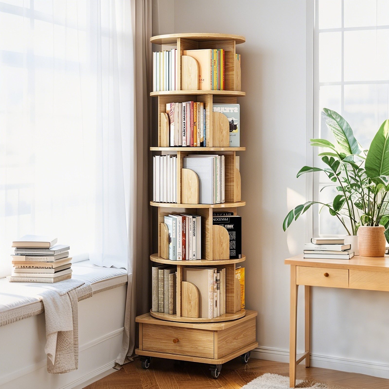Luckice Bücherregal 6 StöCkiges Drehregal, 360° Drehbares Rundregal mit Rollen, Set, Platzsparendes Drehregal füR Kleine RäUme – Bild 2 von 5