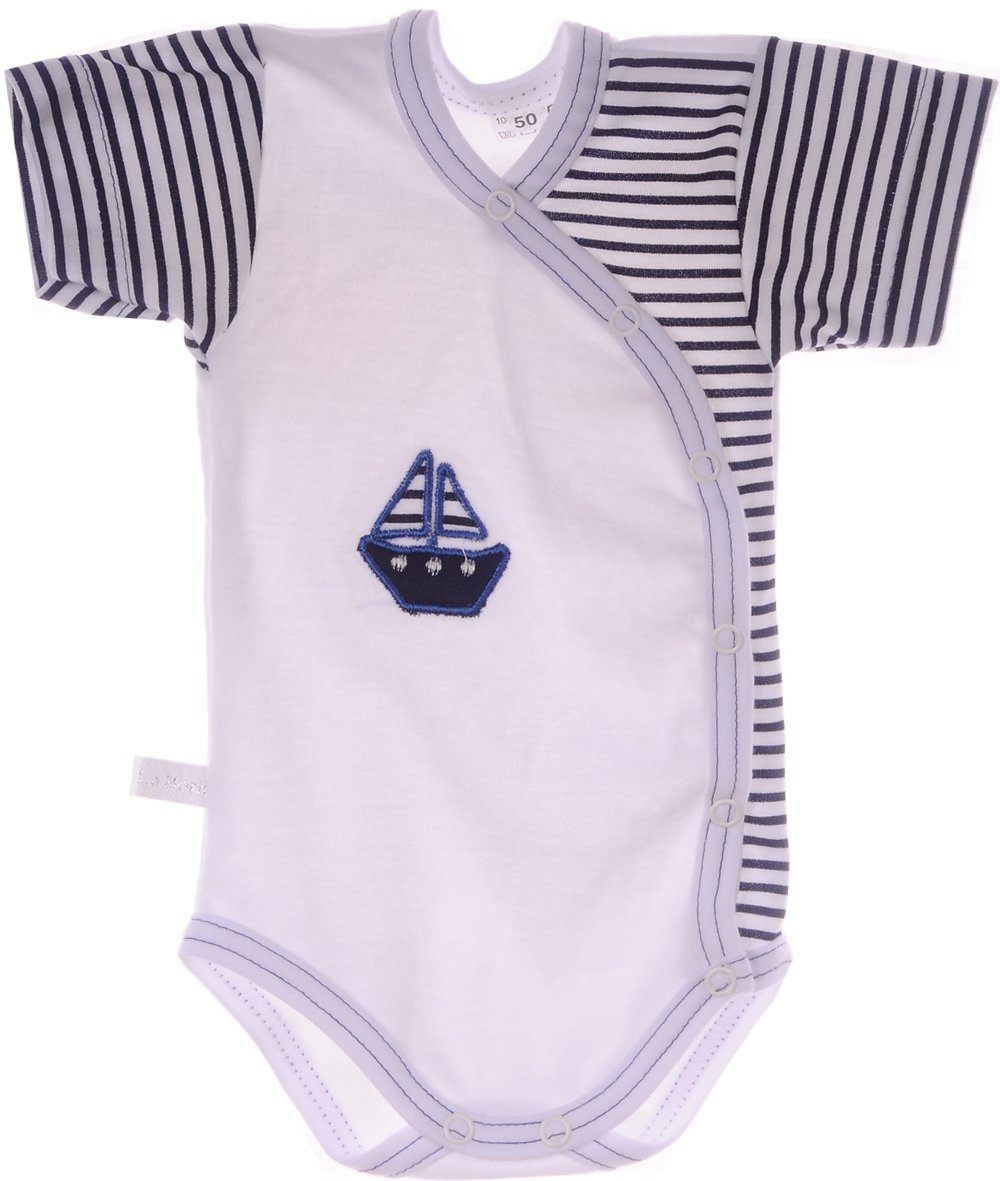 La Bortini Body Wickelbody Body Baby Kurzarmbody in weiß mit Schiff gestreift aus reiner Baumwolle, 44 50 56 62 68 74 80 86