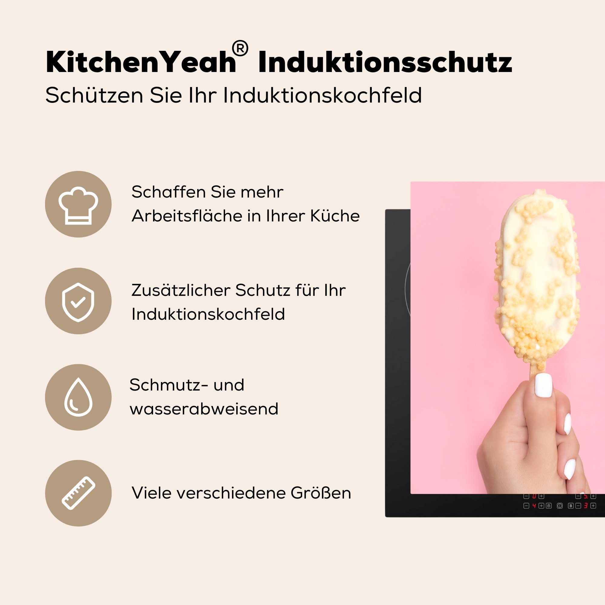 pastellrosa küche Eiscreme 78x78 MuchoWow Hintergrund, cm, Vinyl, Herdblende-/Abdeckplatte für auf Ceranfeldabdeckung, Arbeitsplatte tlg), (1