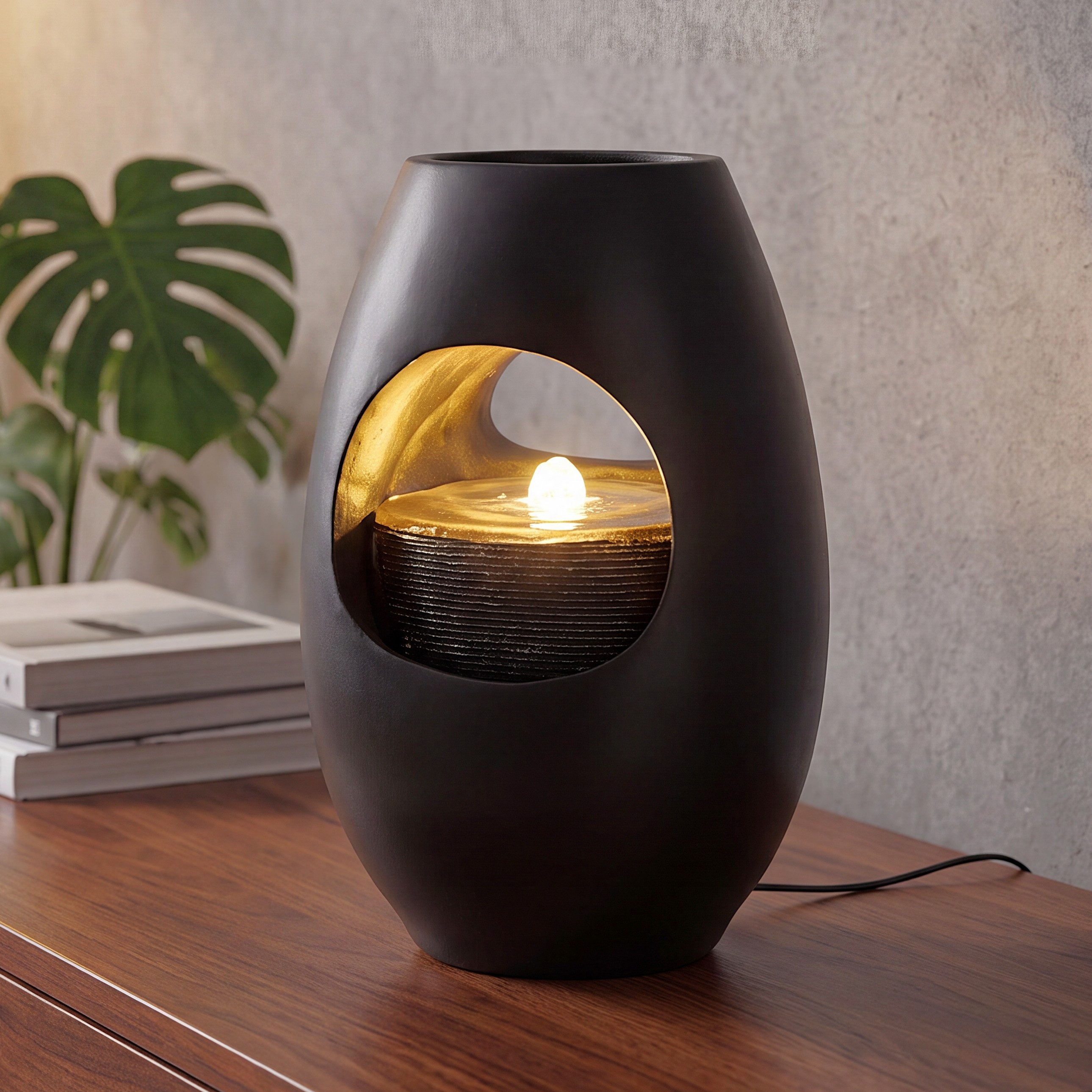 Arnusa Zimmerbrunnen Tischbrunnen mit Vase schwarz 40 cm warmweiße LED Beleuchtung, Dekoration Blumenvase Wohnzimmerdeko schwarz