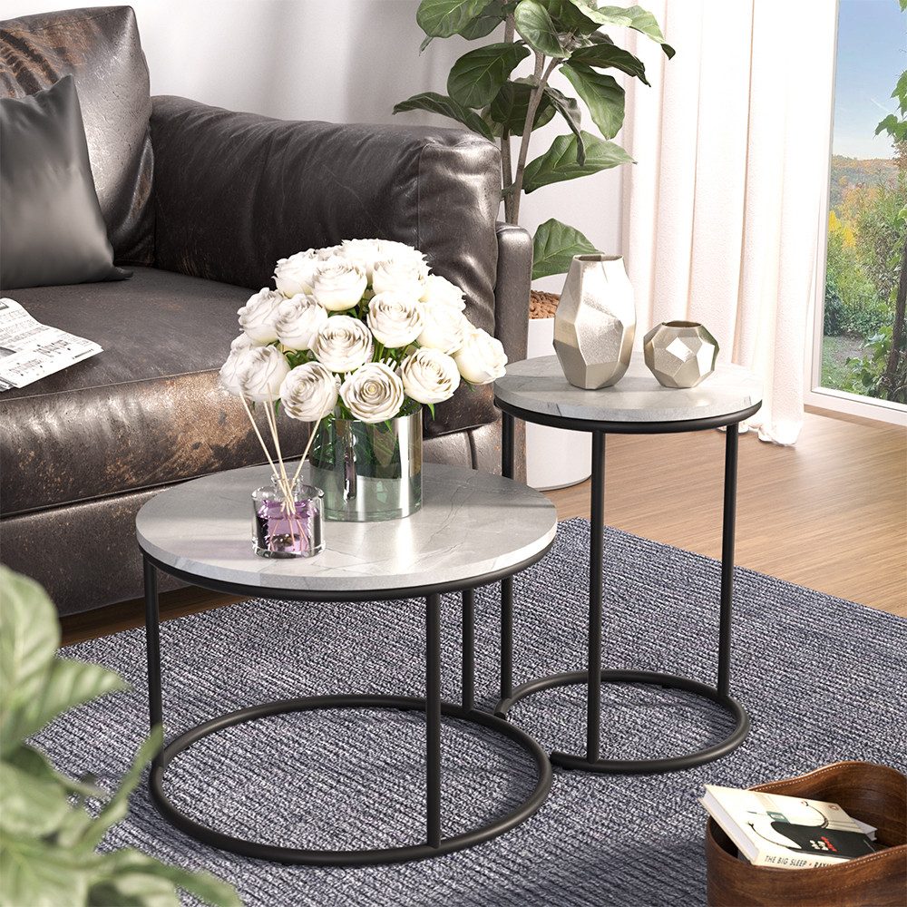 Vicco Couchtisch Ottawa, Marmor Weiß, 55 x 55 cm 2 Teile (2-St)