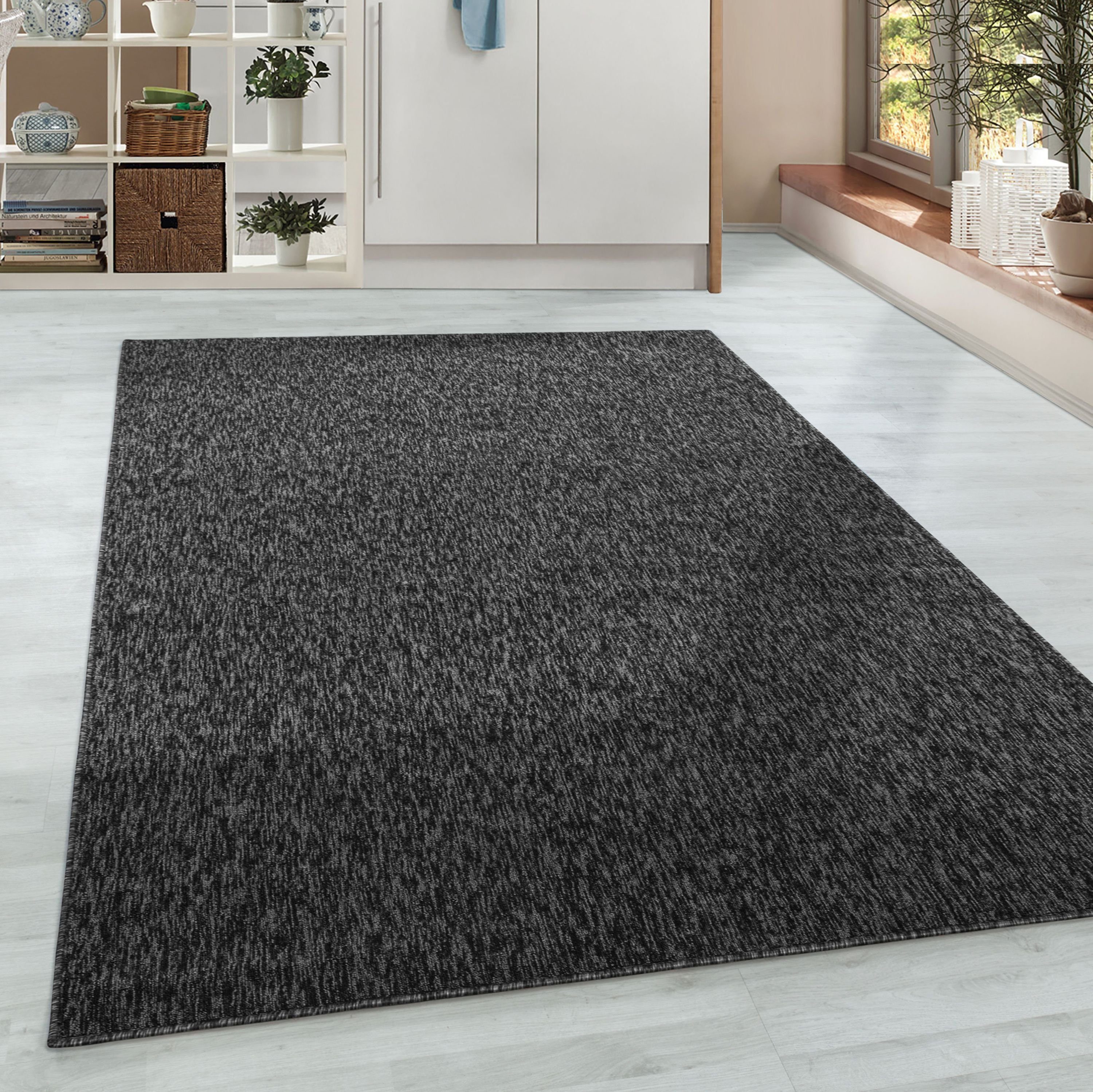 Teppich Unicolor - Einfarbig, HomebyHome, Läufer, Höhe: 7 mm, Kurzflor Schlingen Teppich Wohnzimmer Einfarbig Schwarz Pflegeleicht