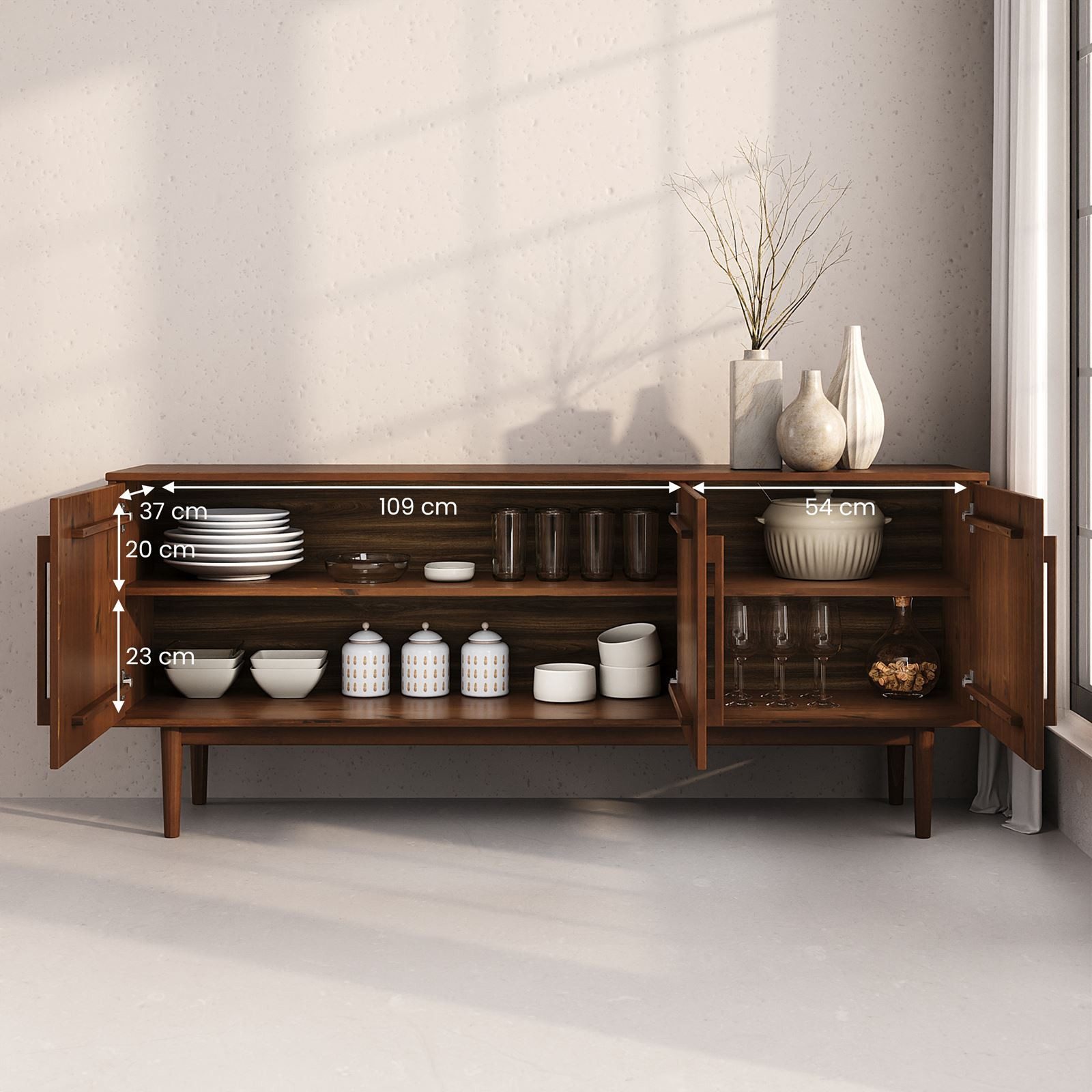 IDIMEX Sideboard TECCA, Anrichte mit 3 Türen, Massivholz im Mid-Century Design Kastanie farben