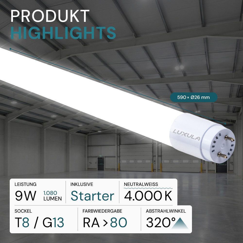 LUXULA LED-Leuchtmittel LUXULA T8-Röhre 9W 4000K Neutralweiß T8 LED Röhre Glas, G13, Neutralweiß