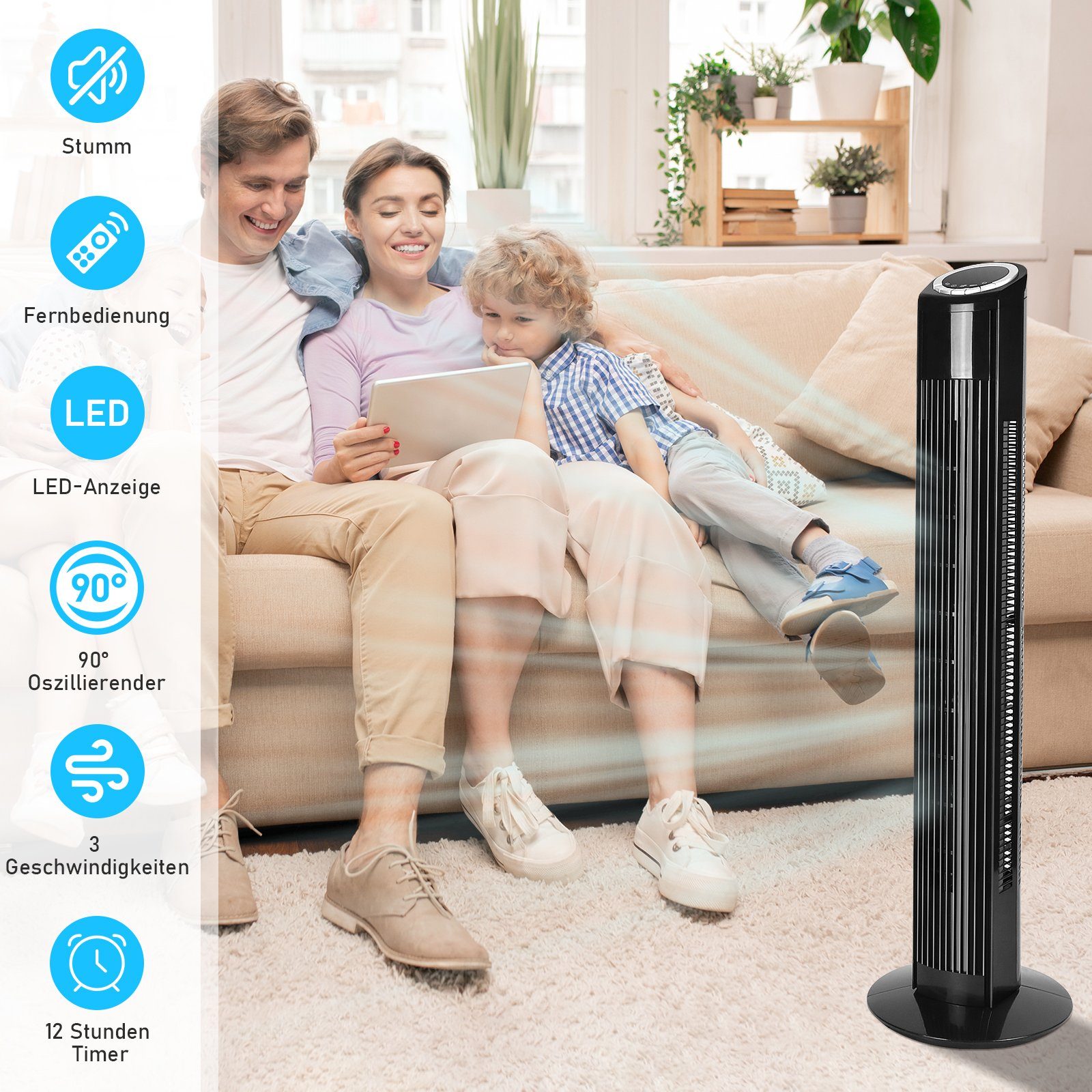 Geschwindigkeiten Schwarz 12HTimer mit 98.5CM Fernbedienung Nettlife 3 Leise Turmventilator