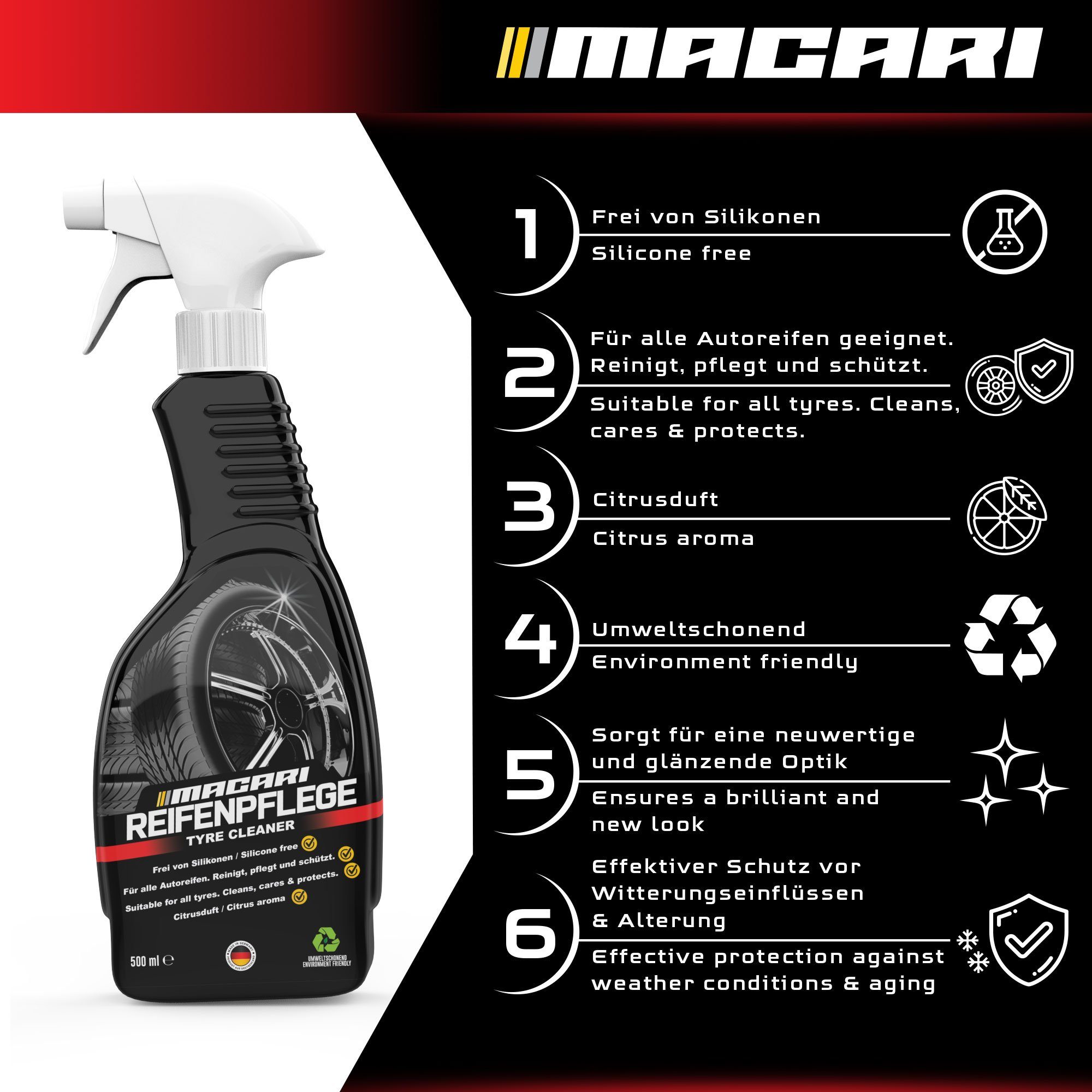 1 Autopflege Felgenbürste mit Macari Felgenreiniger Liter) (3-St. Reifenpflege Reifenglanz Reinigungsset
