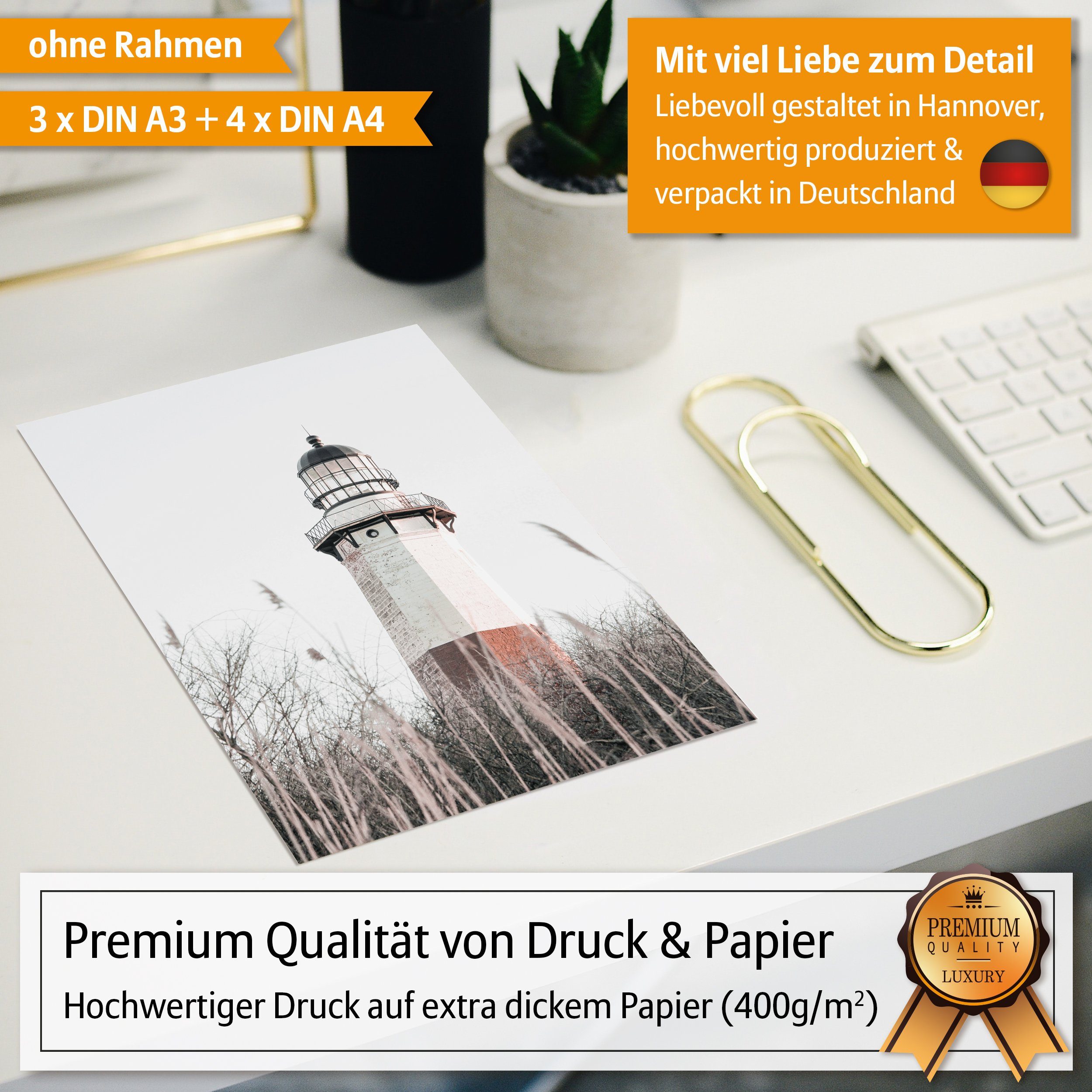 Hyggelig Home Poster Leuchtturm, Premium Poster Set OHNE & MIT Rahmen - 7 Wandbilder Strand, Meer (Set, 7 St), Collage Natur, Qualitätsdruck auf dickem Papier