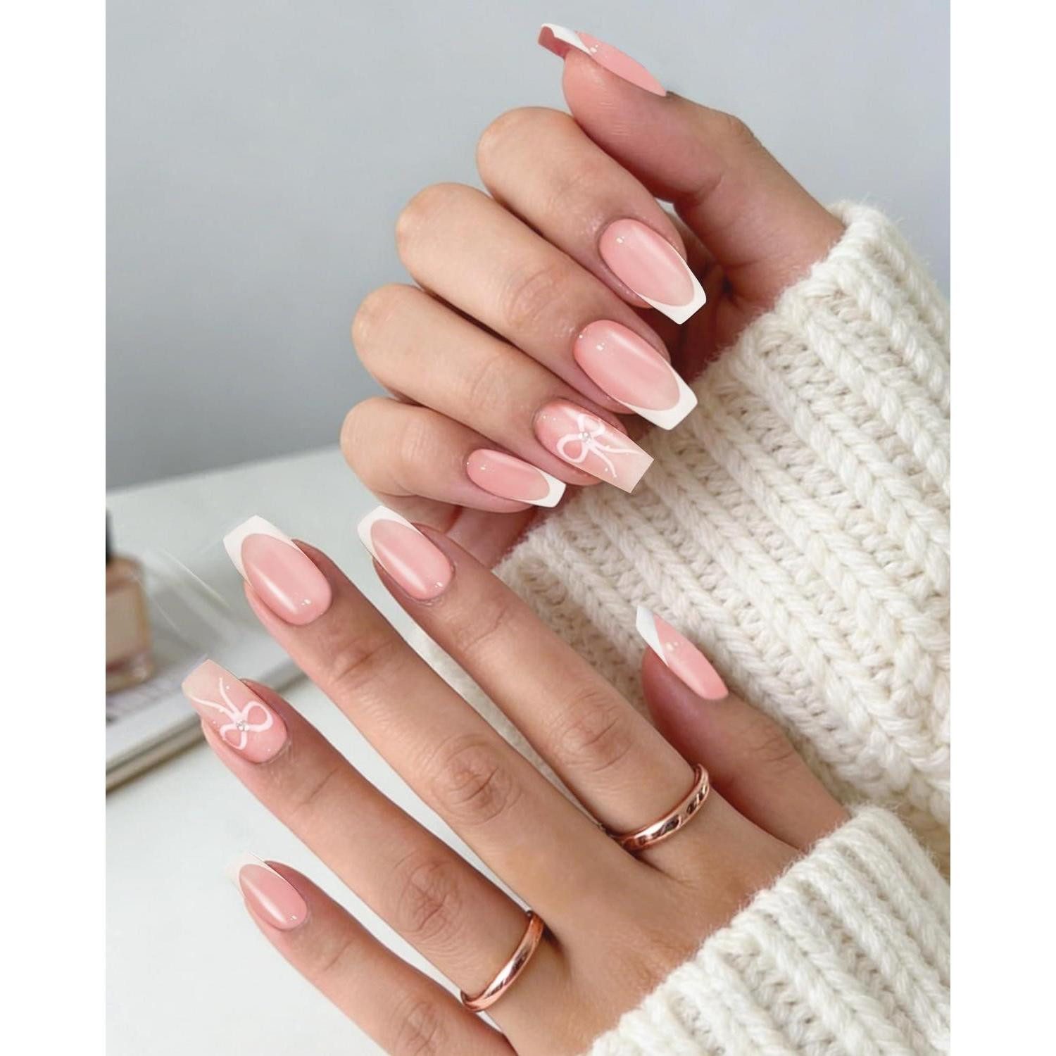 LuxusKollektion Kunstfingernägel Press on Nails French Schleife Weiss 24St