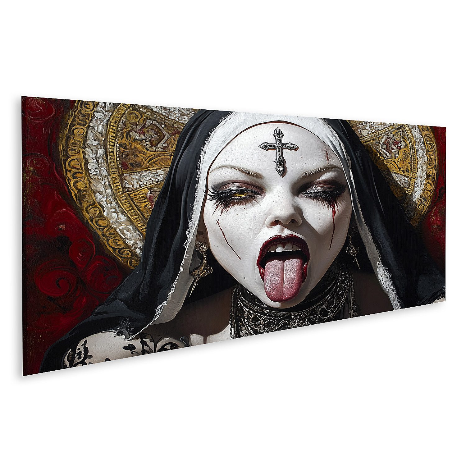 islandburner Leinwandbild Gothic Nonne mit ausgestreckter Zunge und Kreuz