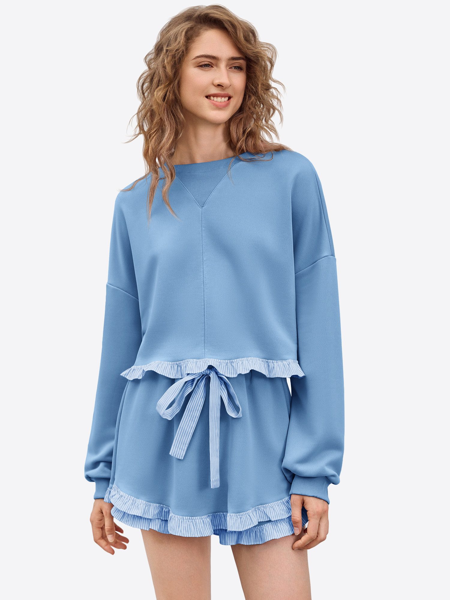 Imily Bela Freizeitanzug Damen 2-teilige Lässige Freizeitset (Set, 2-tlg., Sweatshirt+Shorts), Rüschen Besatzung