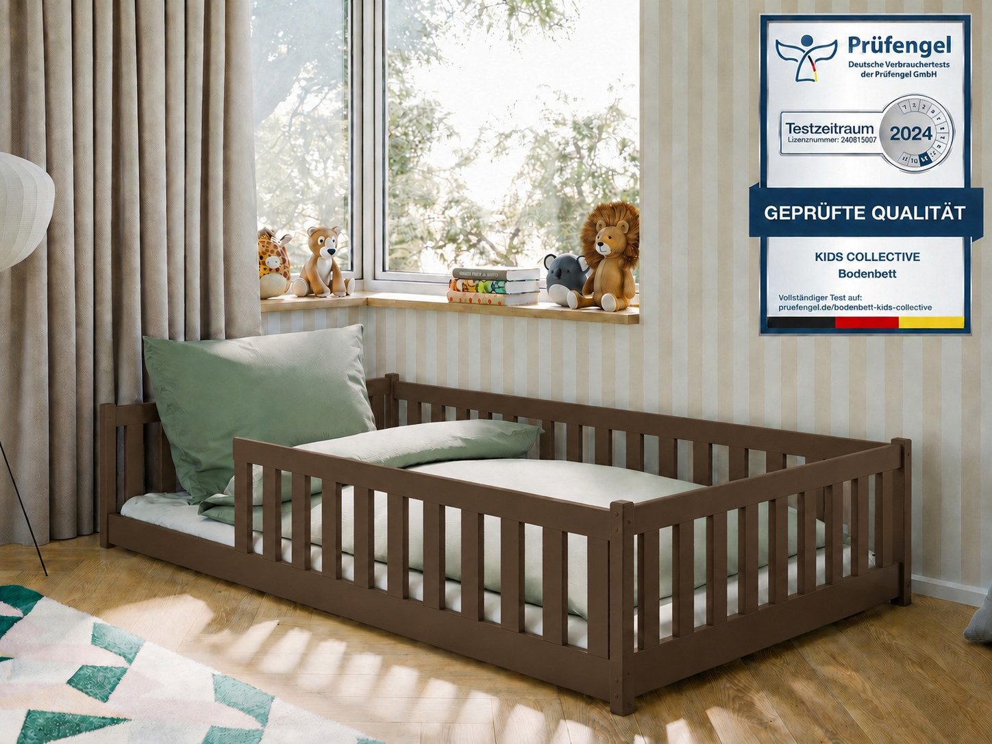 Kids Collective Kinderbett Bodenbett Bett mit Rausfallschutz & Lattenrost Montessori Bett Kinder (Jungen, Mädchen, Kinder, weitere Größen 80x160, 80x180, 90x190, 90x200, 140x200 cm), Gitterbett Jugendbett Einzelbett Zartbitterschokolade 120x200 cm