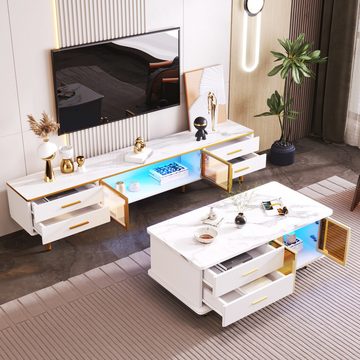 MODFU TV-Schrank Lowboard mit LED-Beleuchtung inkl. (Fernsehschrank TV-Lowboard Sideboard Beistellschrank modern, mit 4 Strukturierte Schubladen 4 Füßen) mit Goldenen Griffen und zwei Braune Türen aus Gehärtetem Glas